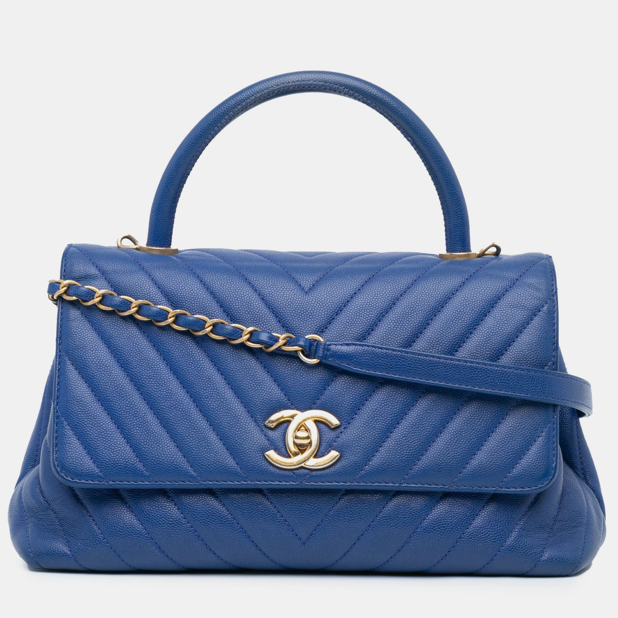 

Chanel Blue Small Caviar Chevron Coco Top Handle Bag