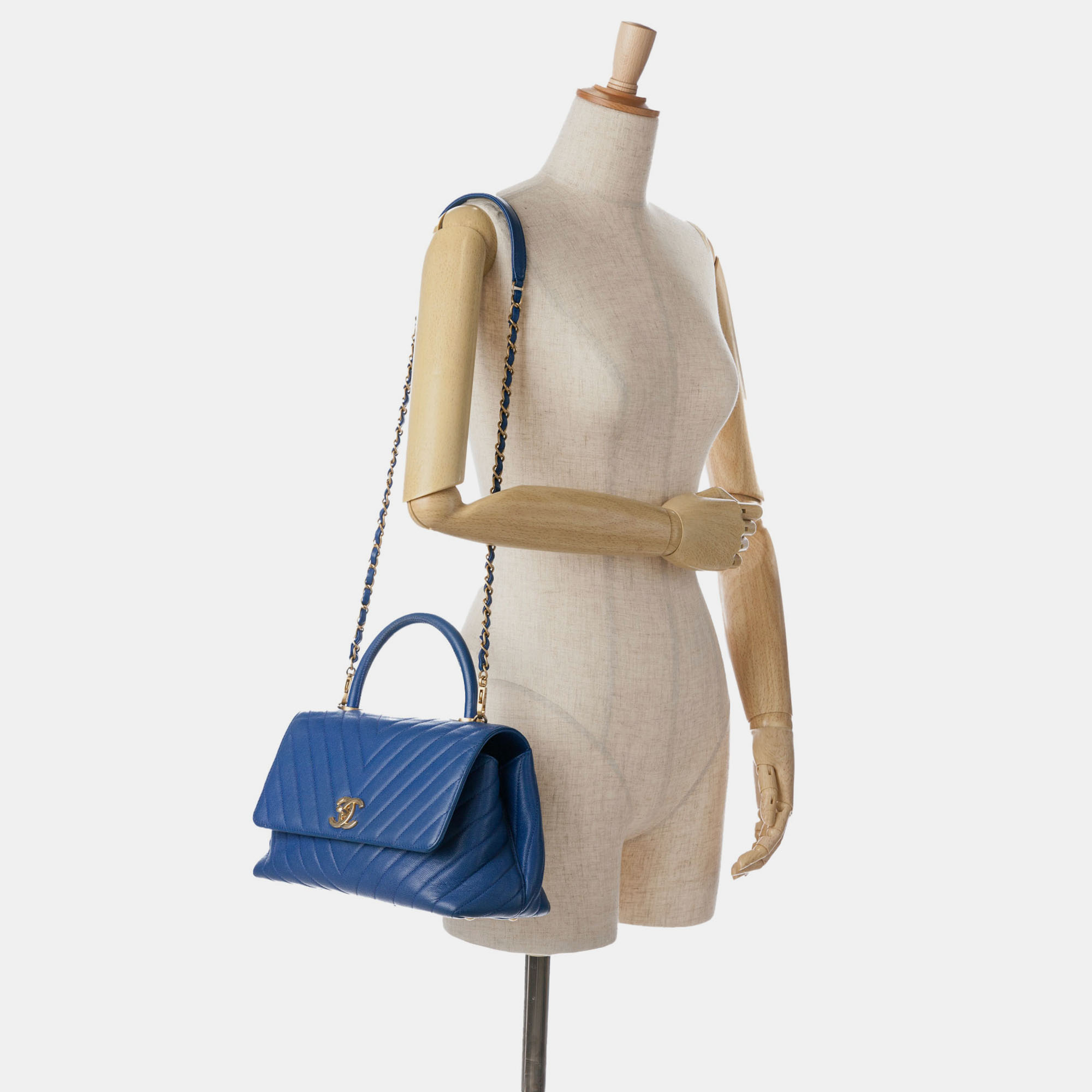 Chanel Blue Small Caviar Chevron Coco Top Handle Bag 
