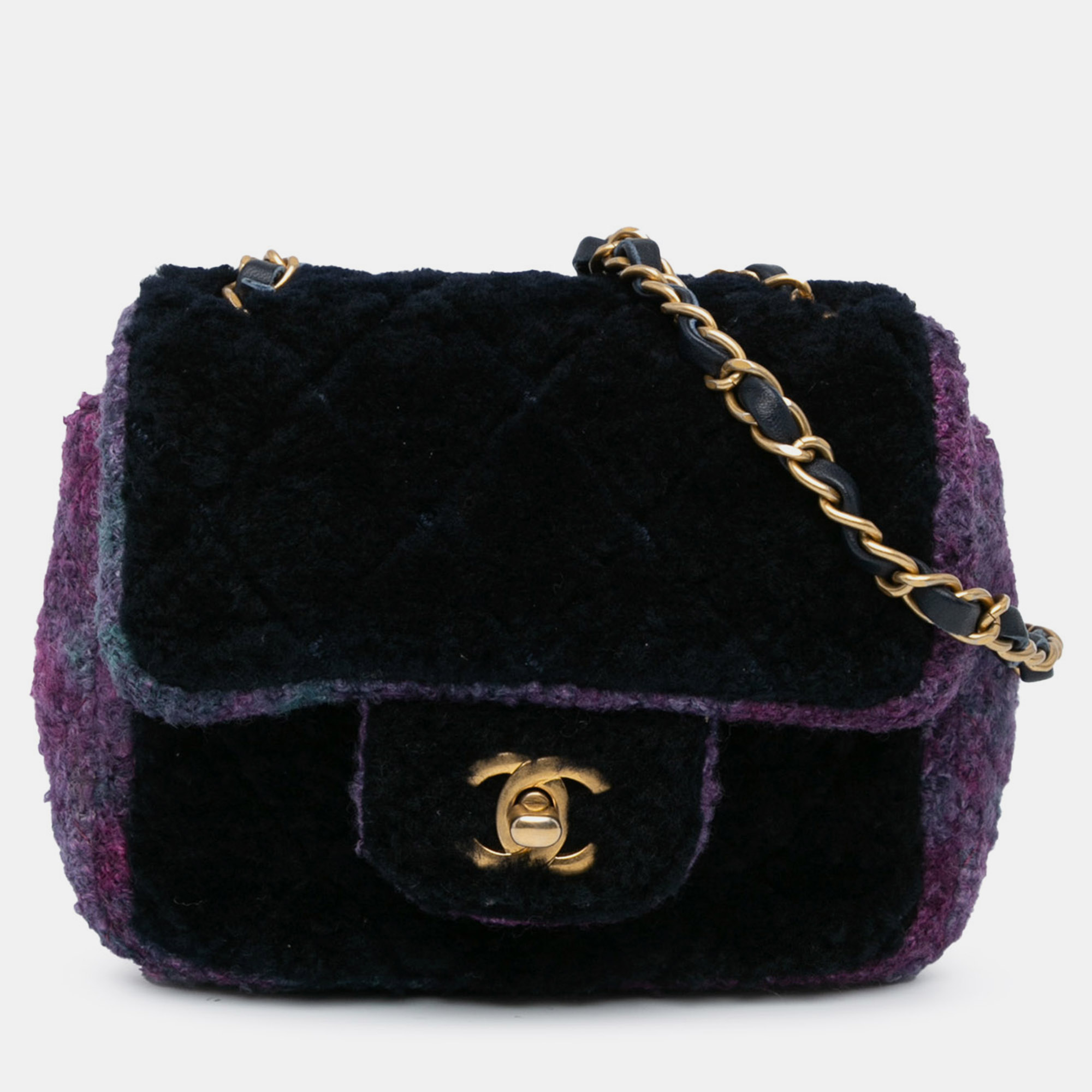 

Chanel Navy Blue Mini Square Classic Multicolor Shearling Single Flap