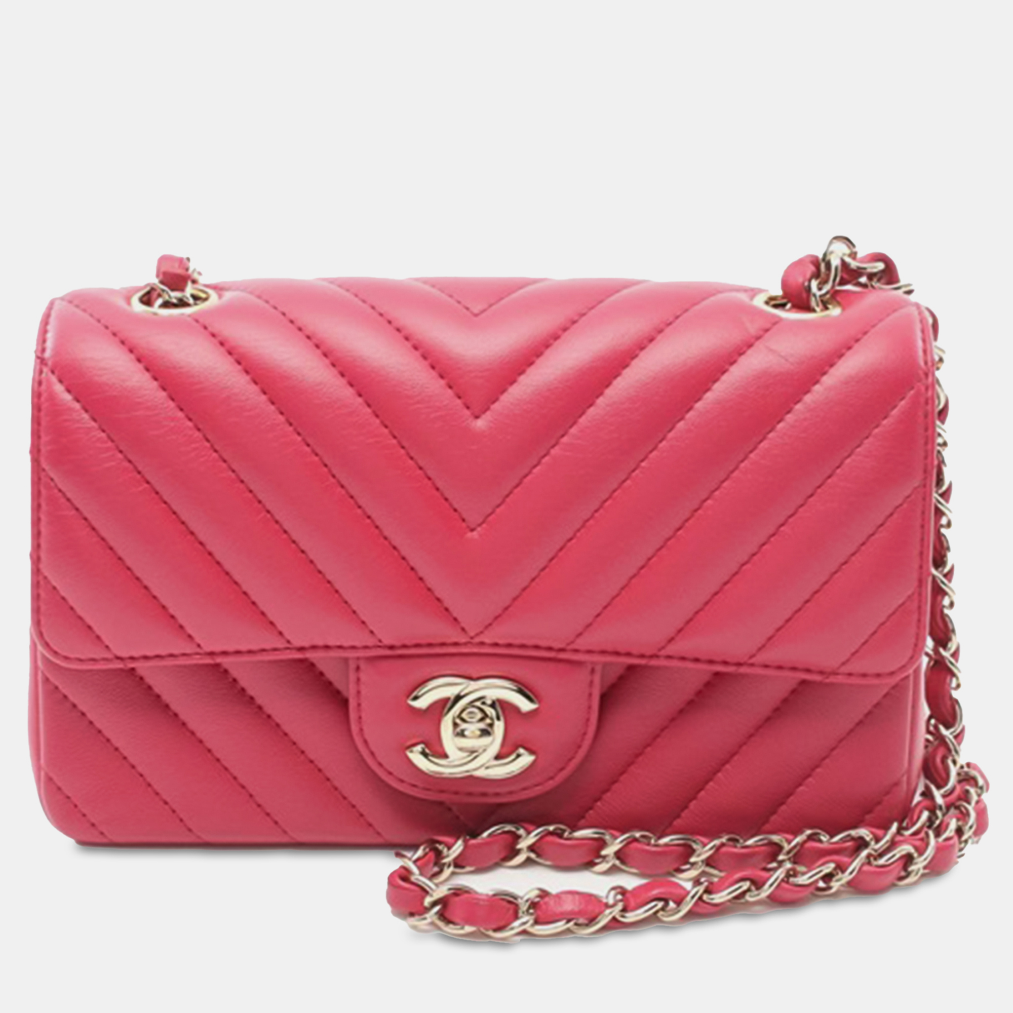 

Chanel Pink Mini Rectangular Chevron Lambskin Flap