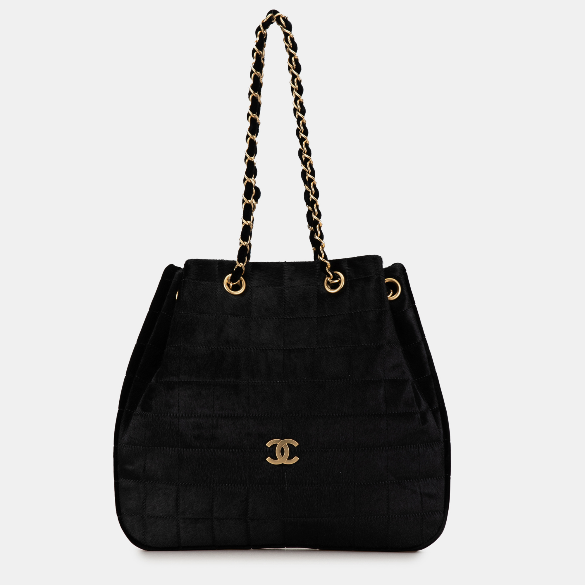 

Chanel Black Quilted Pony Hair and Velour Chocolate Bar Drawstring Tote