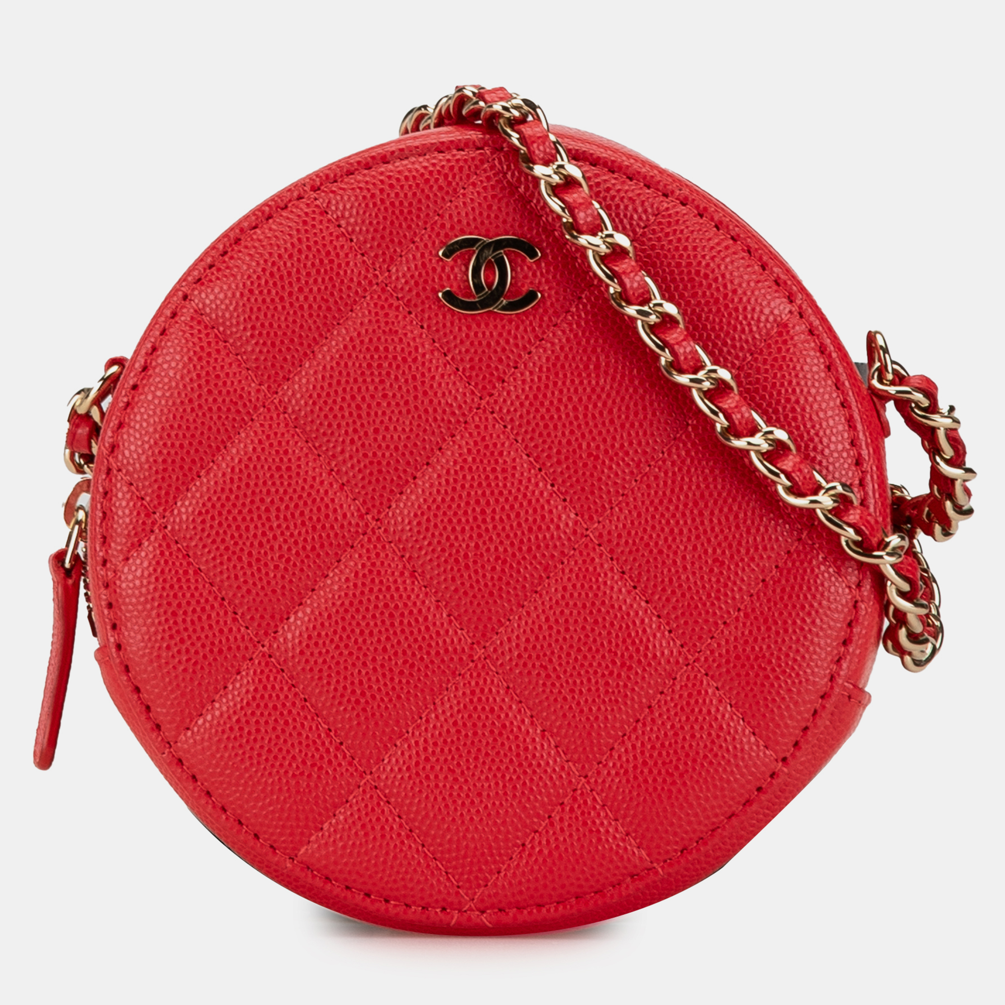 

Chanel Red Quilted Caviar Round Clutch With Chain