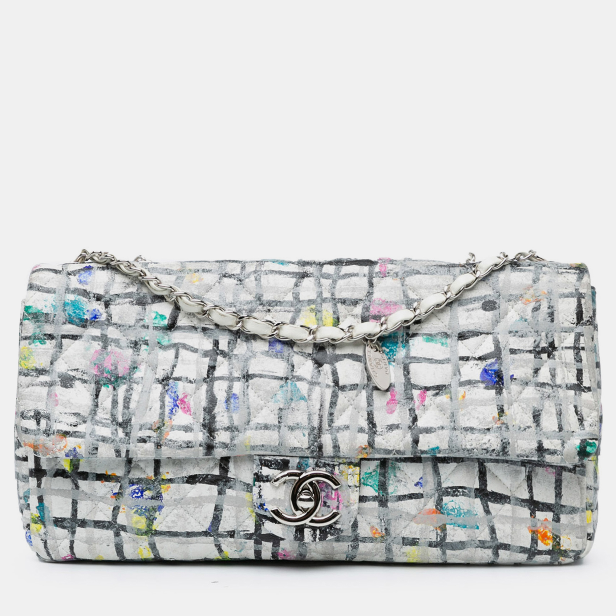 

Chanel White Calfskin Hand Medium Painted Graffiti Flap Bag