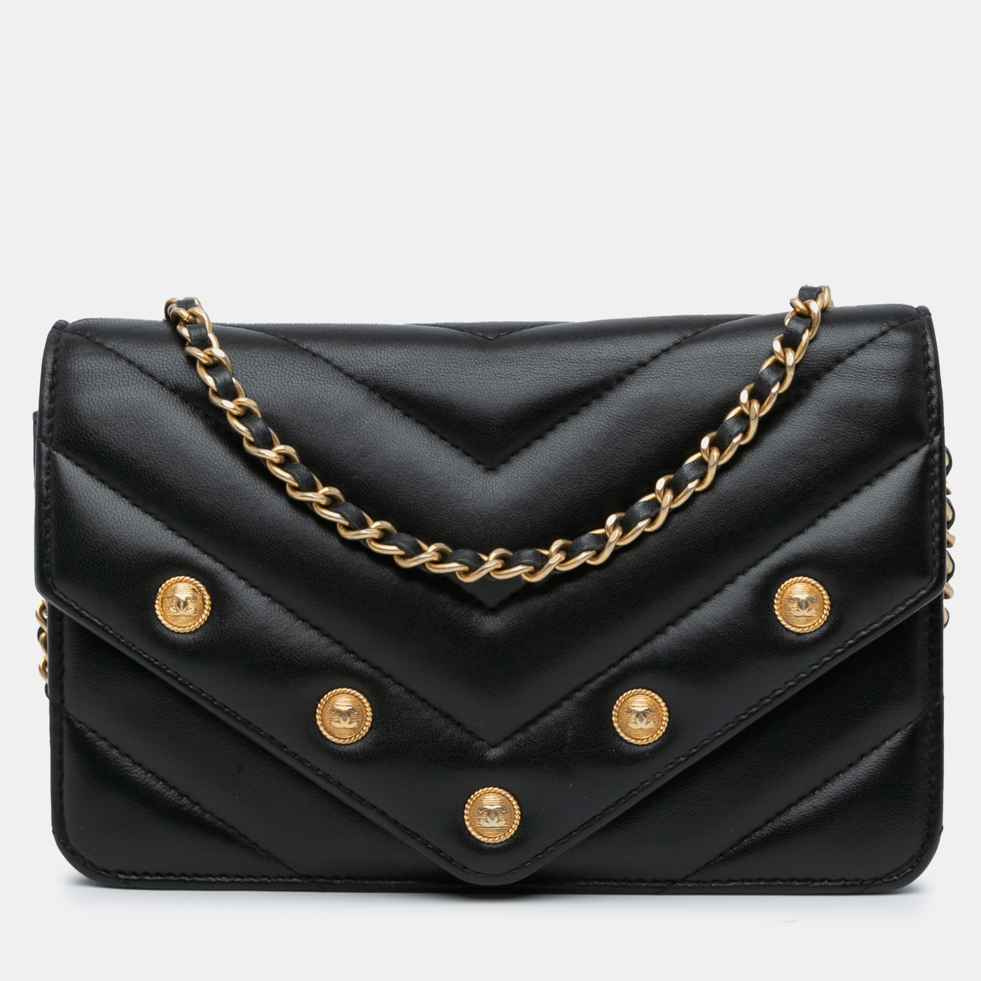 

Chanel Black Chevron Lambskin Button Wallet On Chain