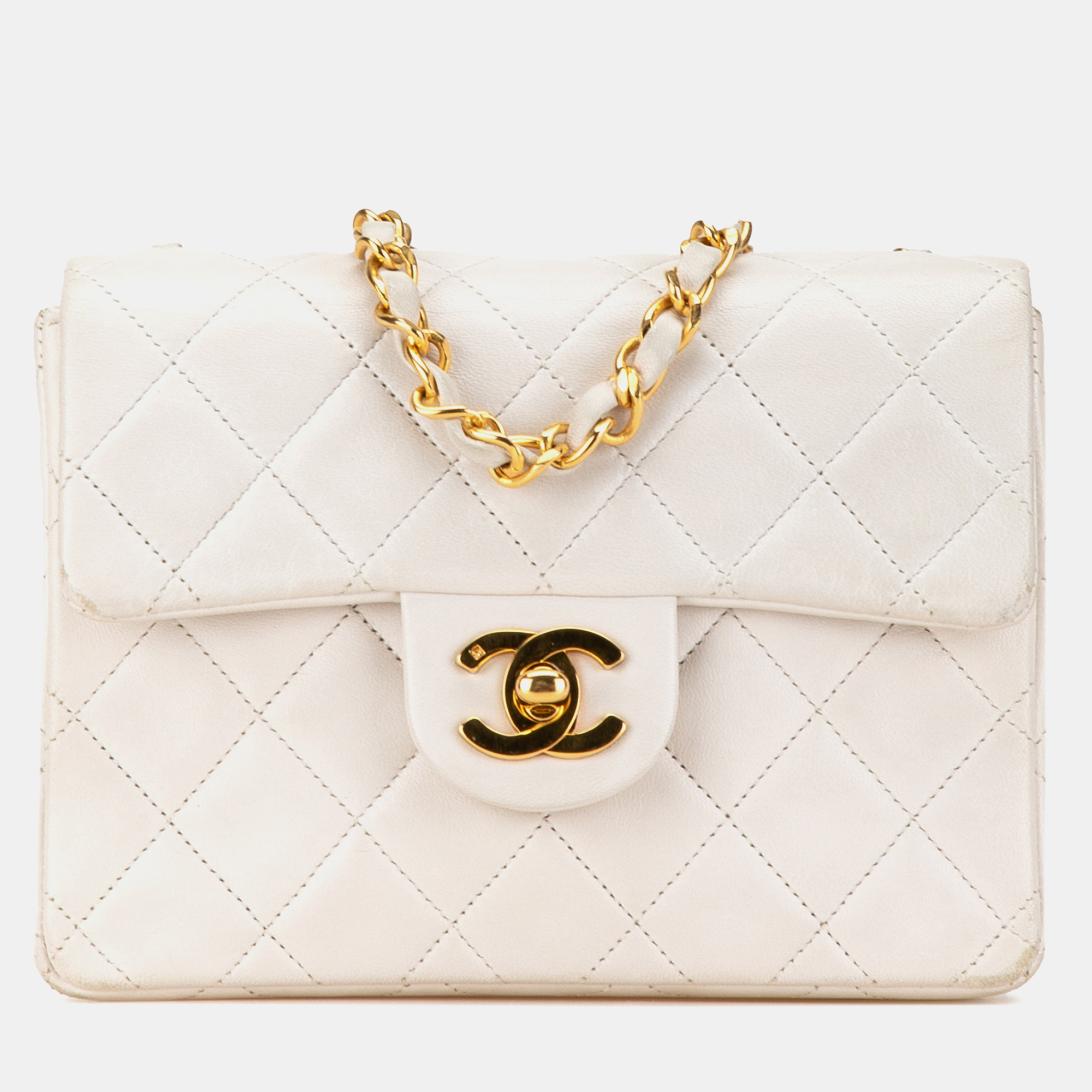 

Chanel White Lambskin Mini Square Classic Single Flap Bag