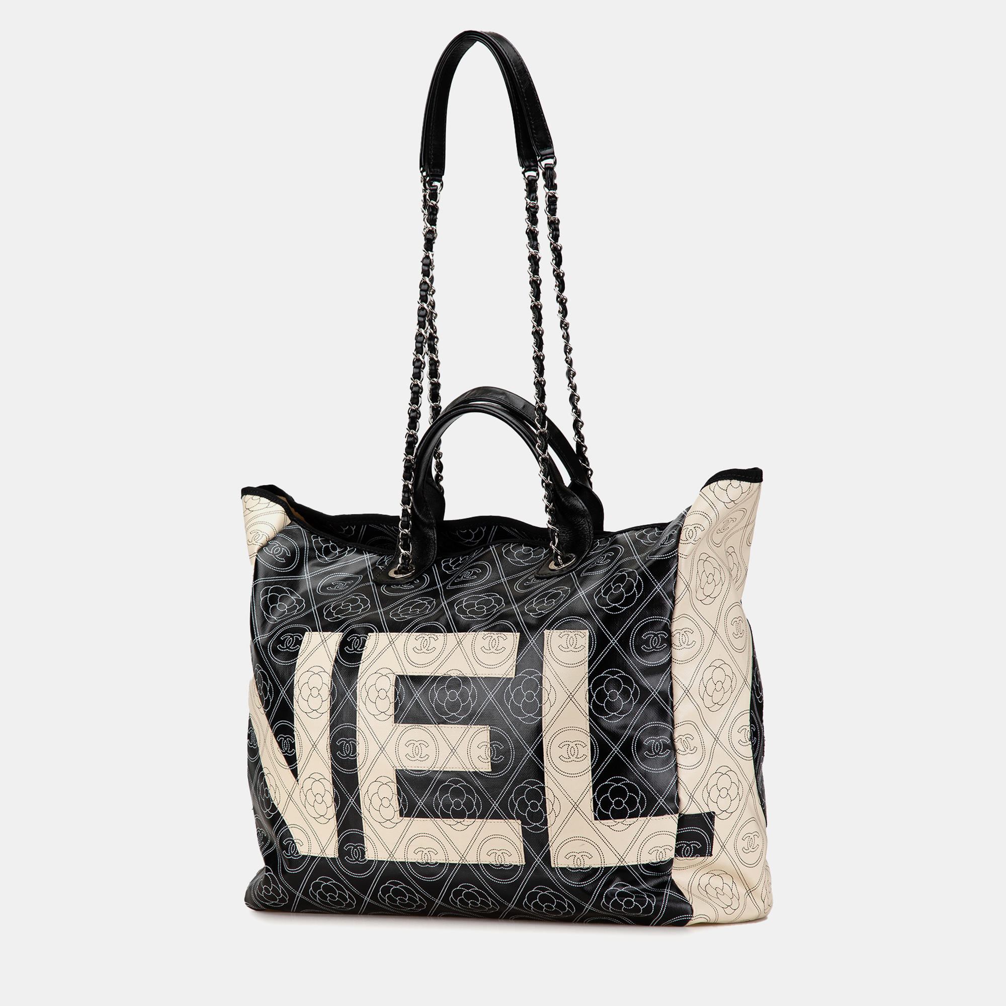 Chanel Black Brown Coated Canvas Camellia Logo Deauville Shopping Tote 