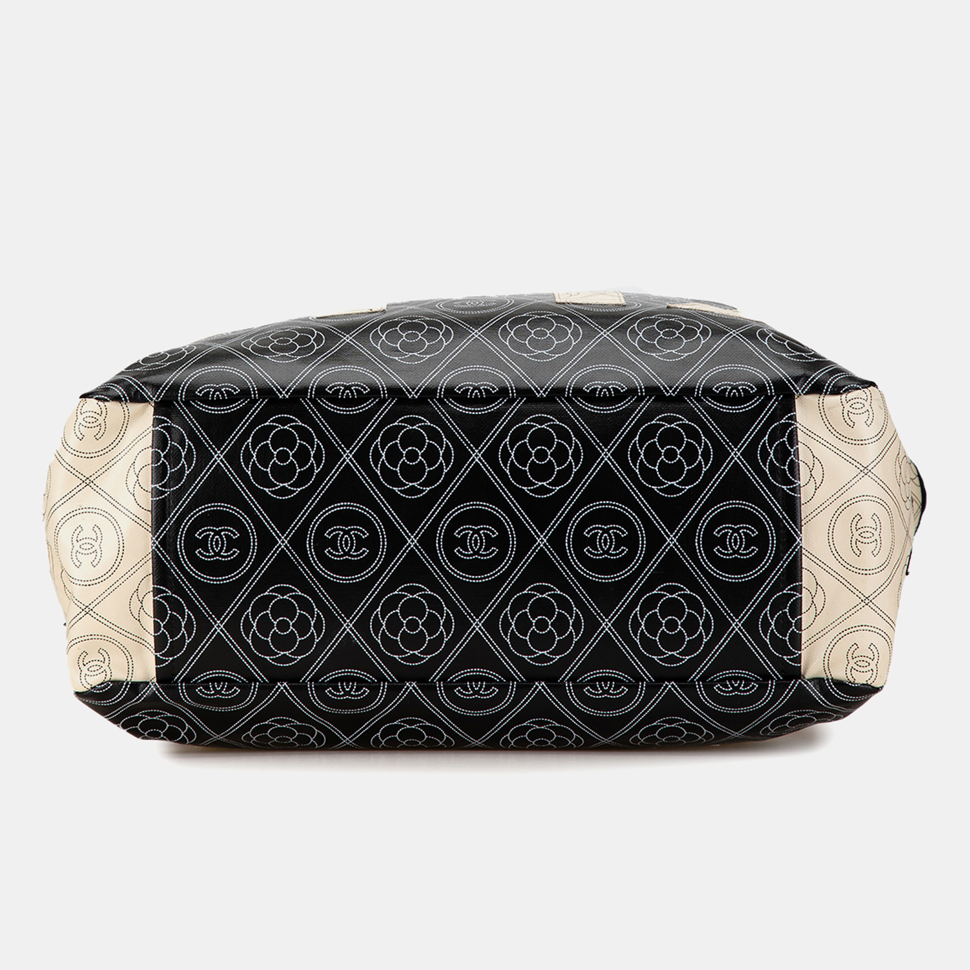 Chanel Black Brown Coated Canvas Camellia Logo Deauville Shopping Tote 