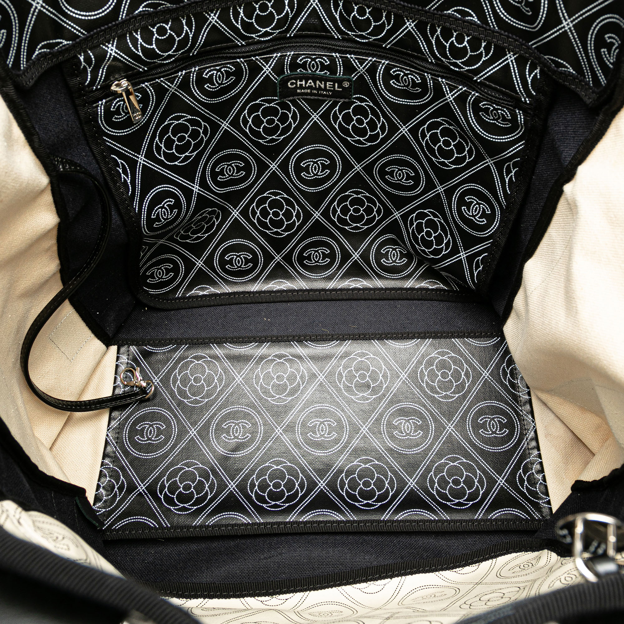 Chanel Black Brown Coated Canvas Camellia Logo Deauville Shopping Tote 