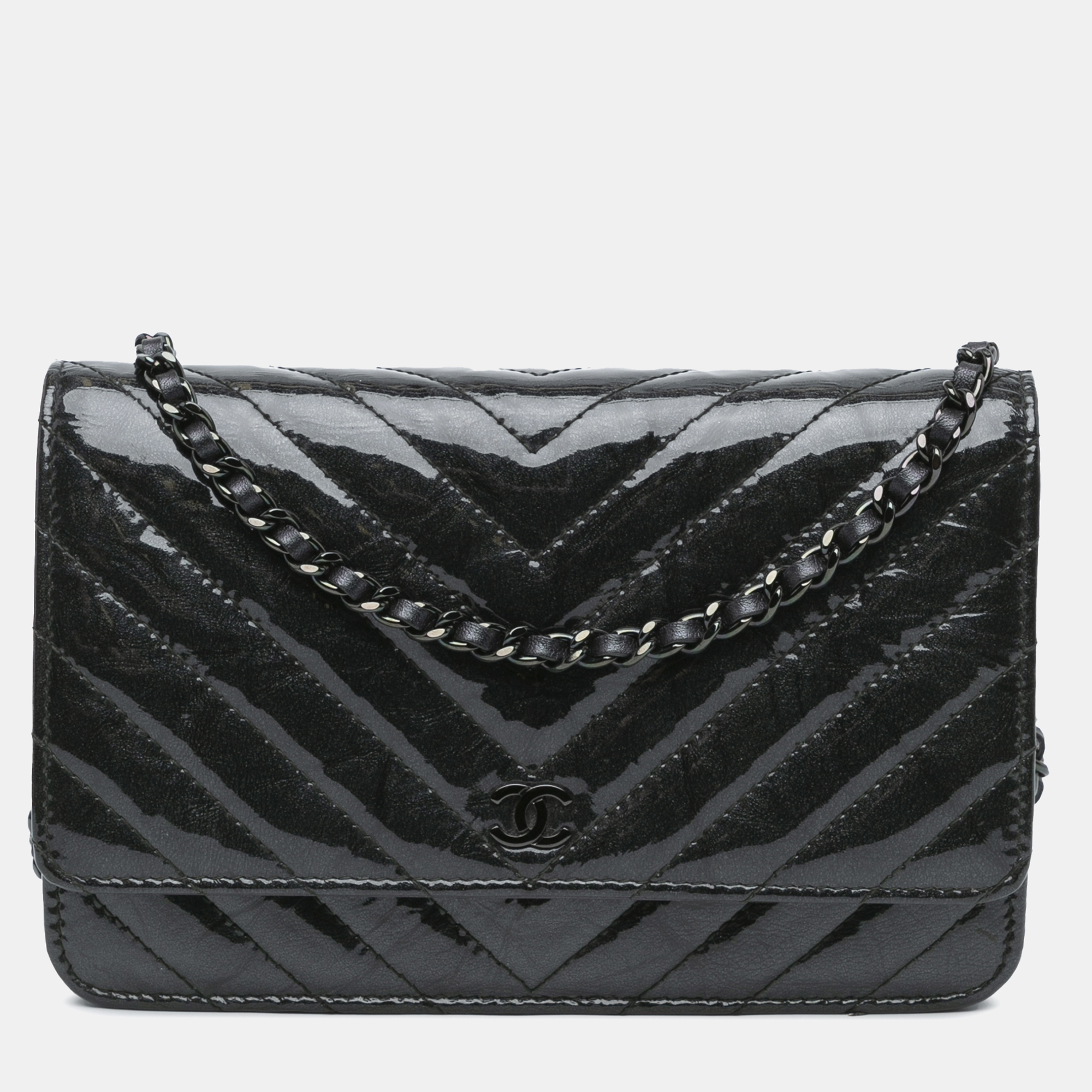 

Chanel Black CC Chevron Quilted Crumpled Calfskin Wallet On Chain