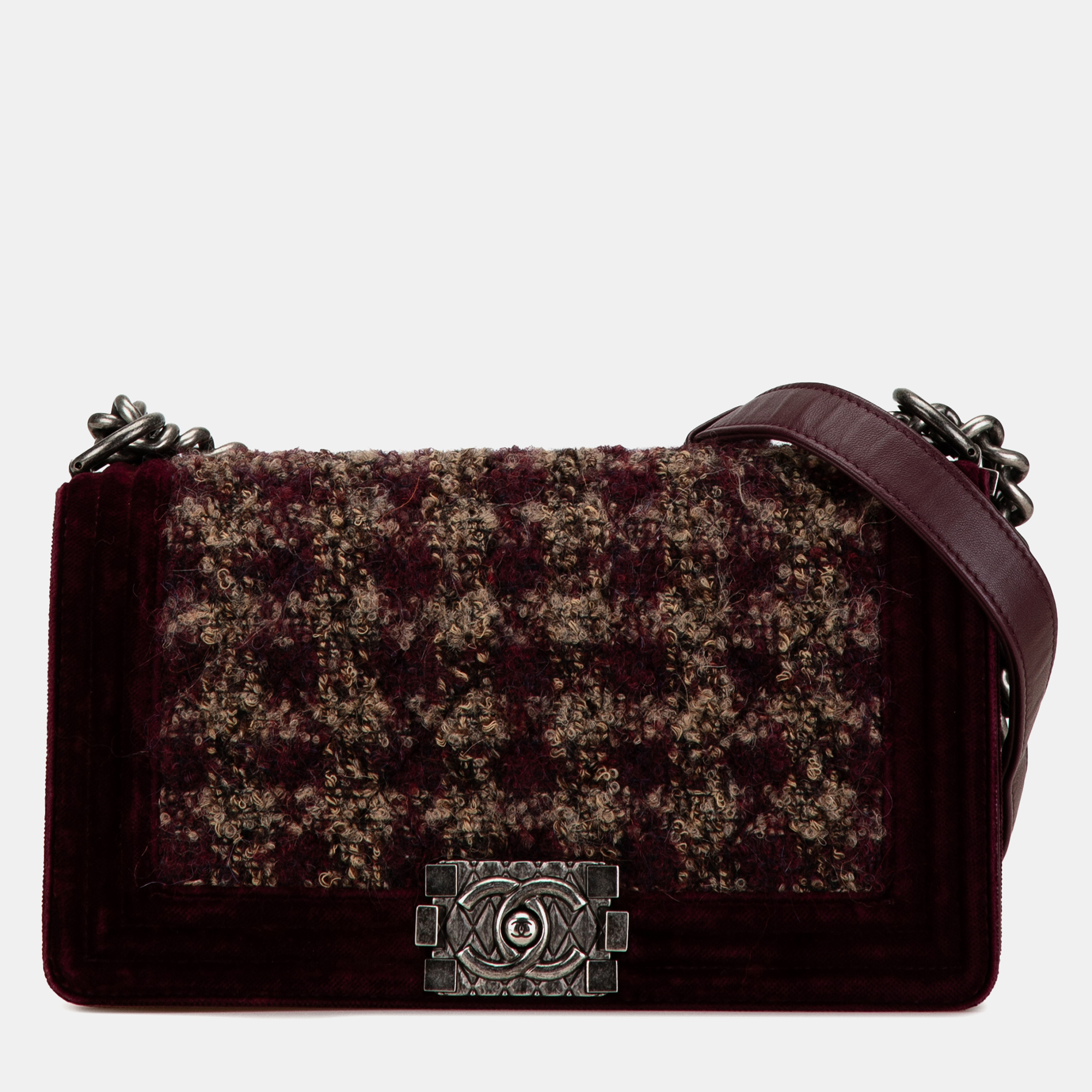 

Chanel Burgundy Medium Velvet and Tweed Boy Flap