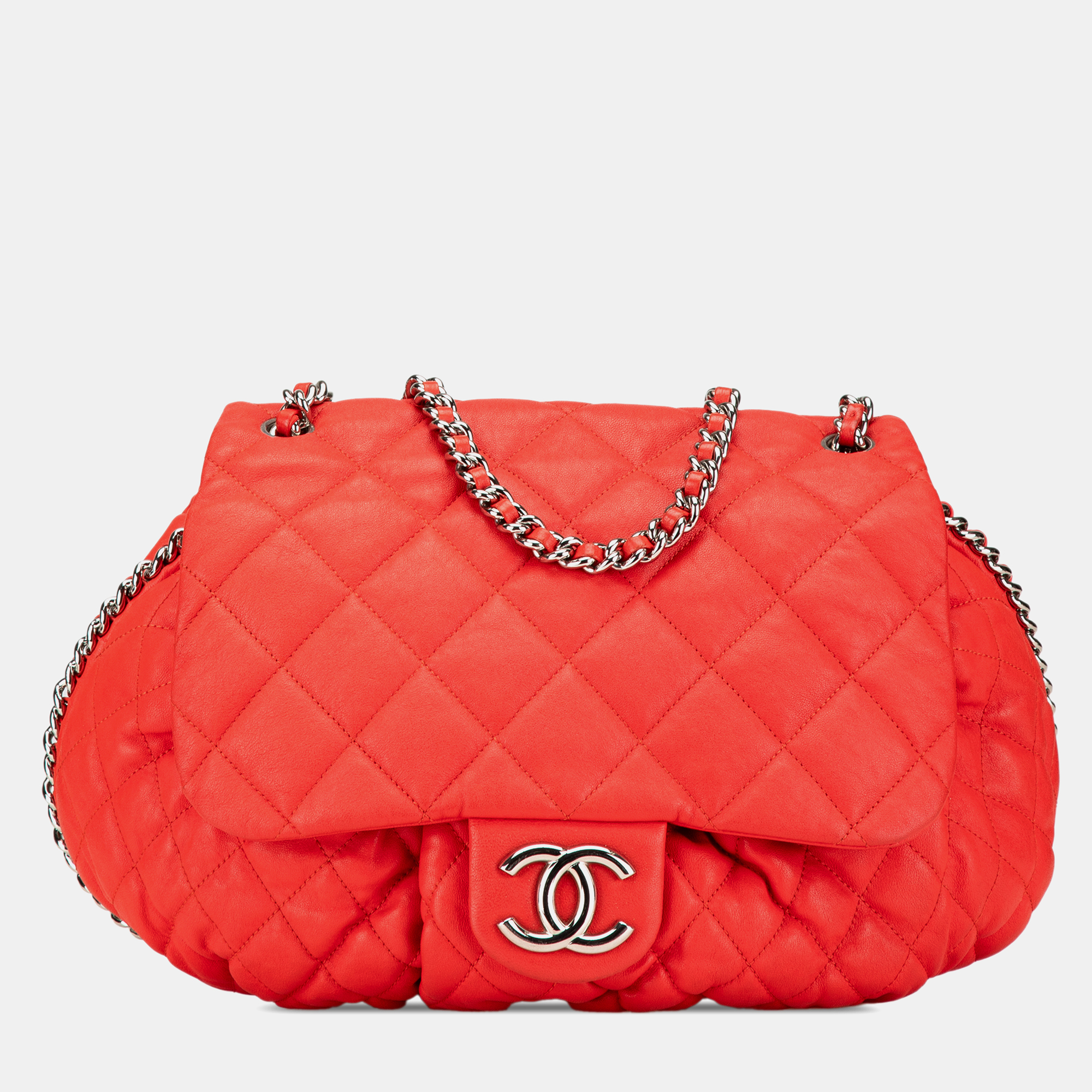 

Chanel Red Lambskin Leather Large Chain Around Flap Bag