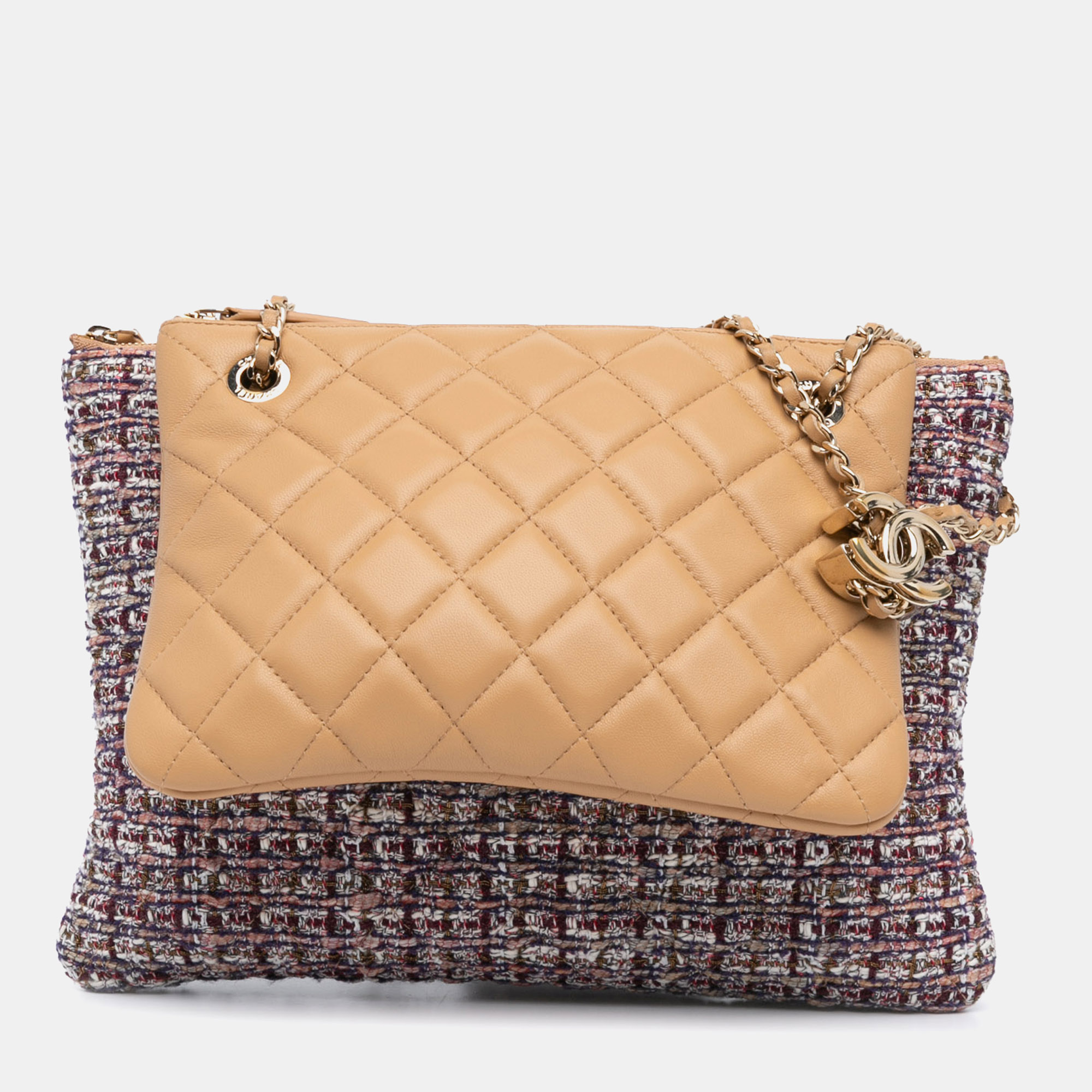 

Chanel Brown Quilted Lambskin and Tweed Double Case with Chain