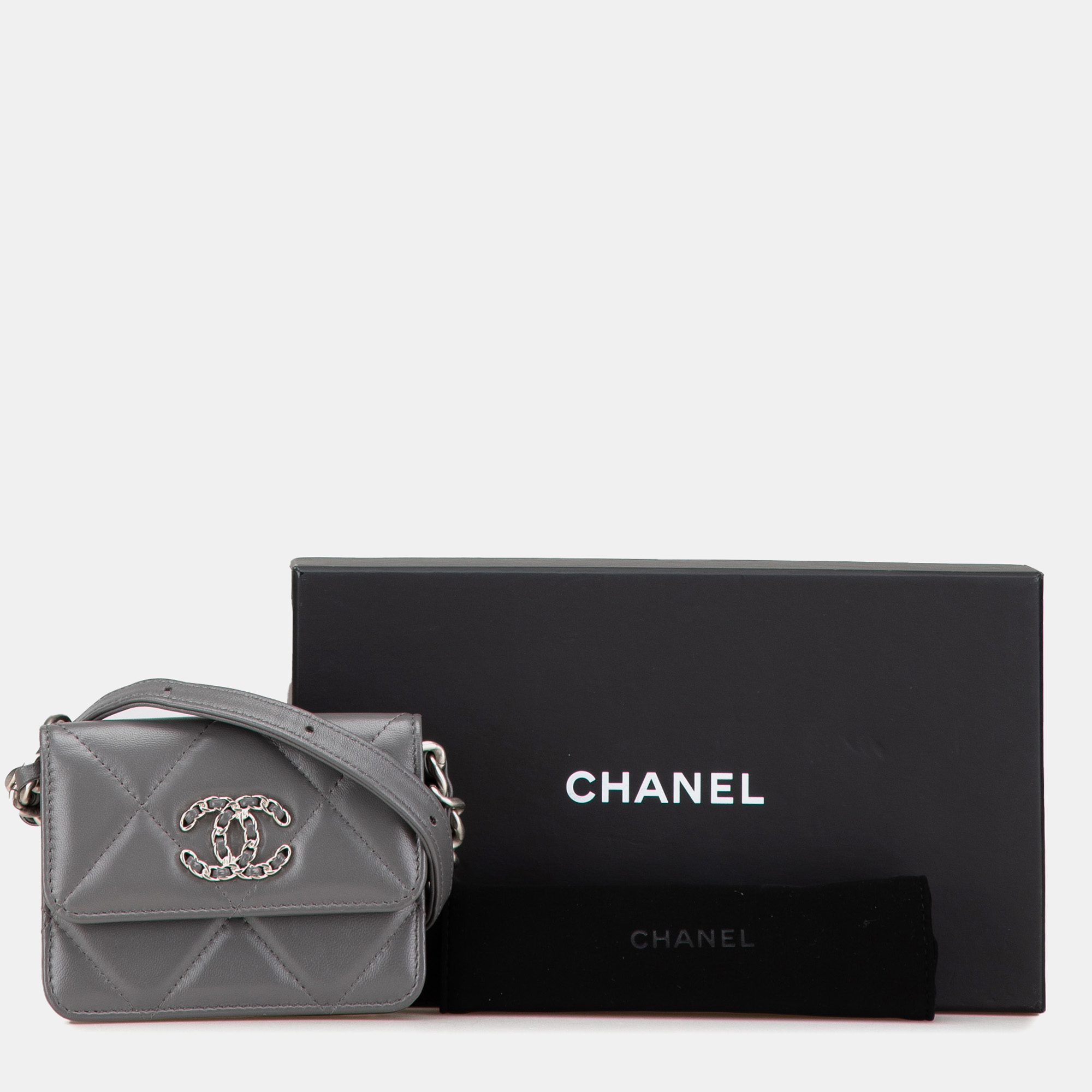 Chanel Grey Lambskin 19 Flap Coin Purse With Chain 