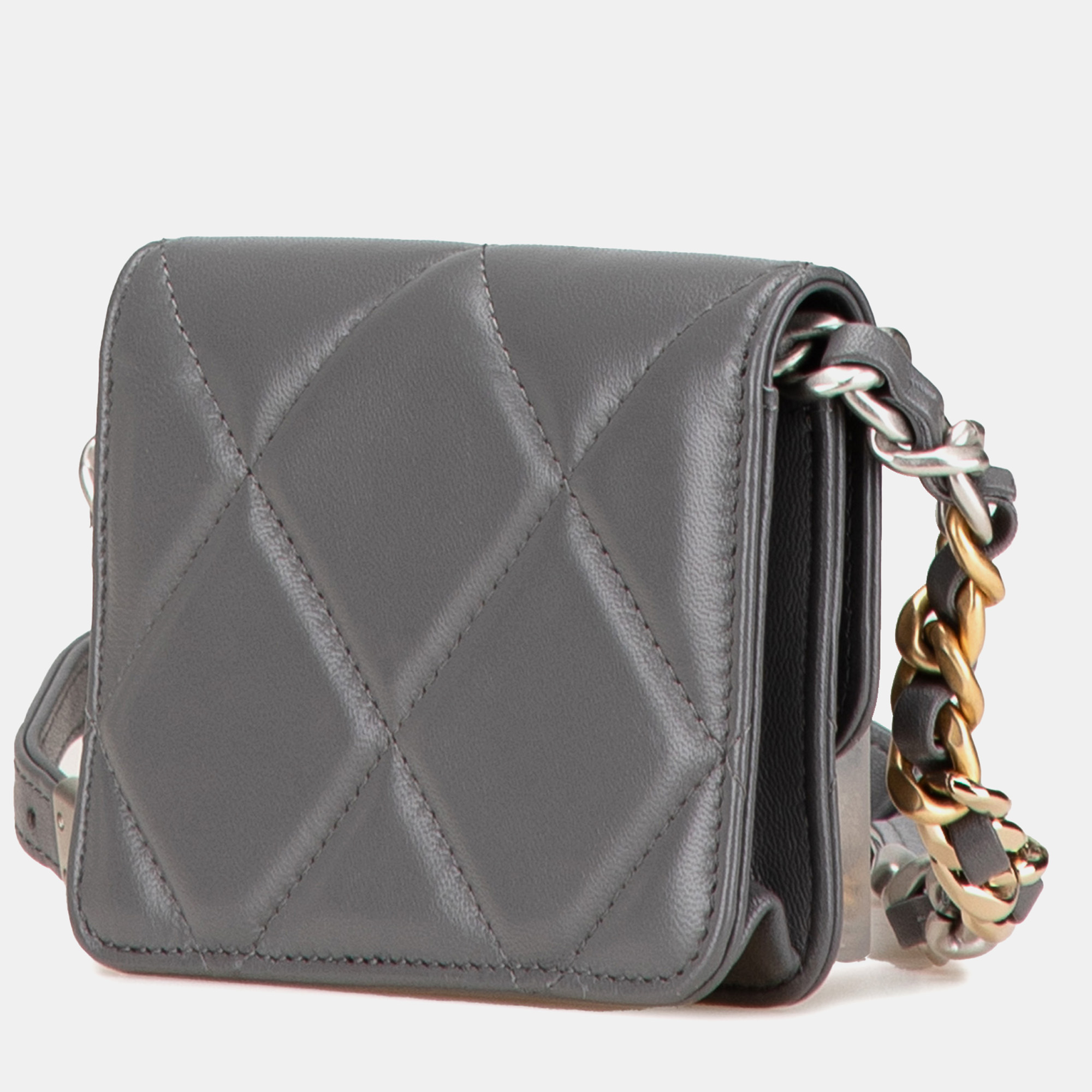 Chanel Grey Lambskin 19 Flap Coin Purse With Chain 
