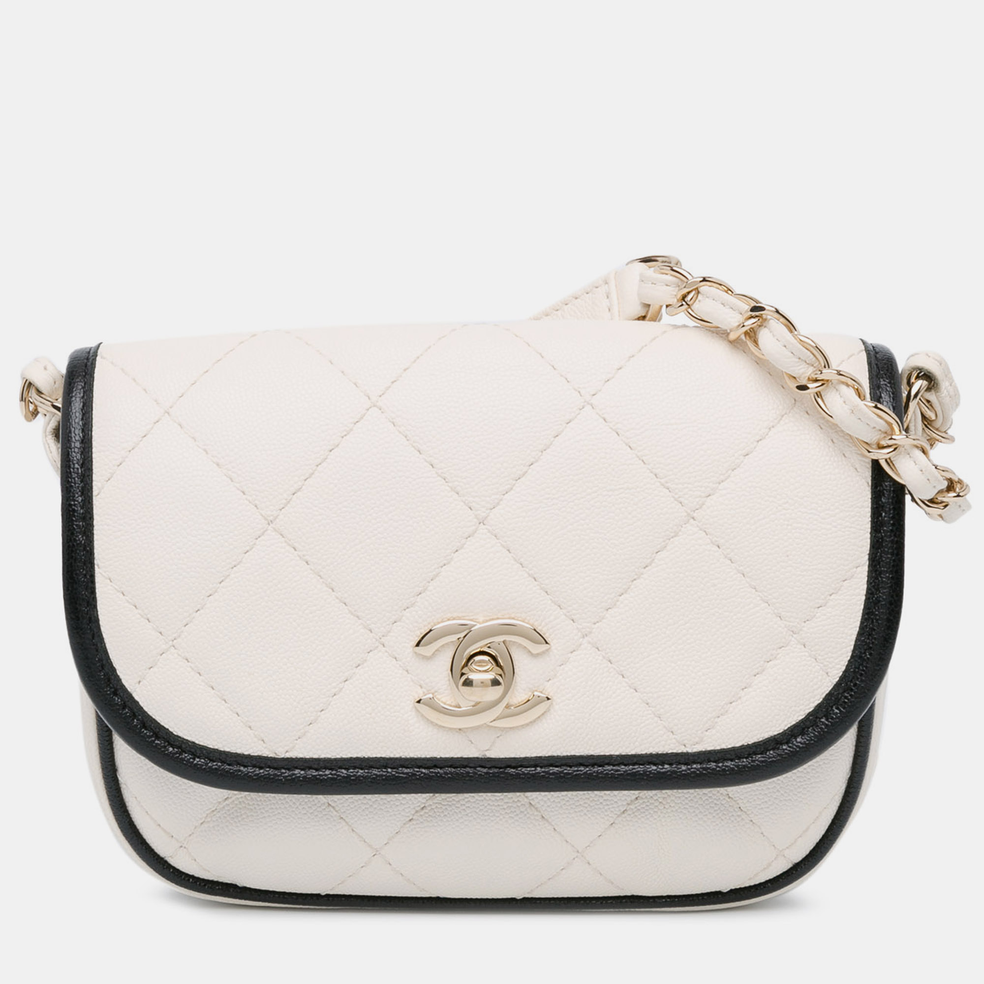 

Chanel White Mini Caviar Round Messenger Flap Bag