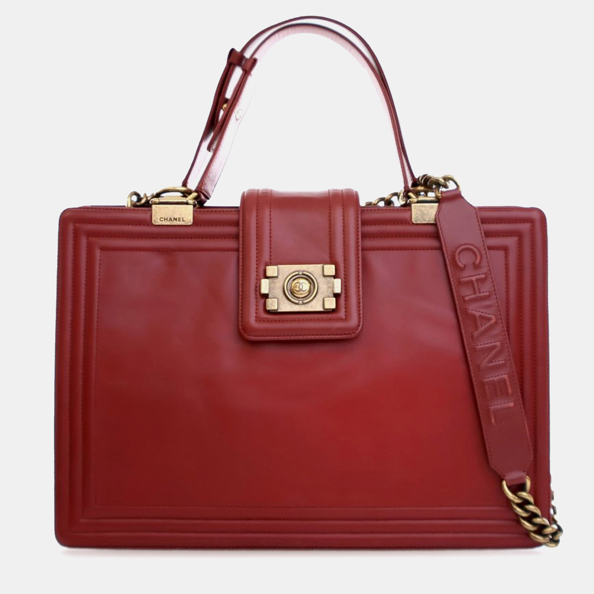 

Chanel Red Glazed Calfskin Reverso Boy Satchel