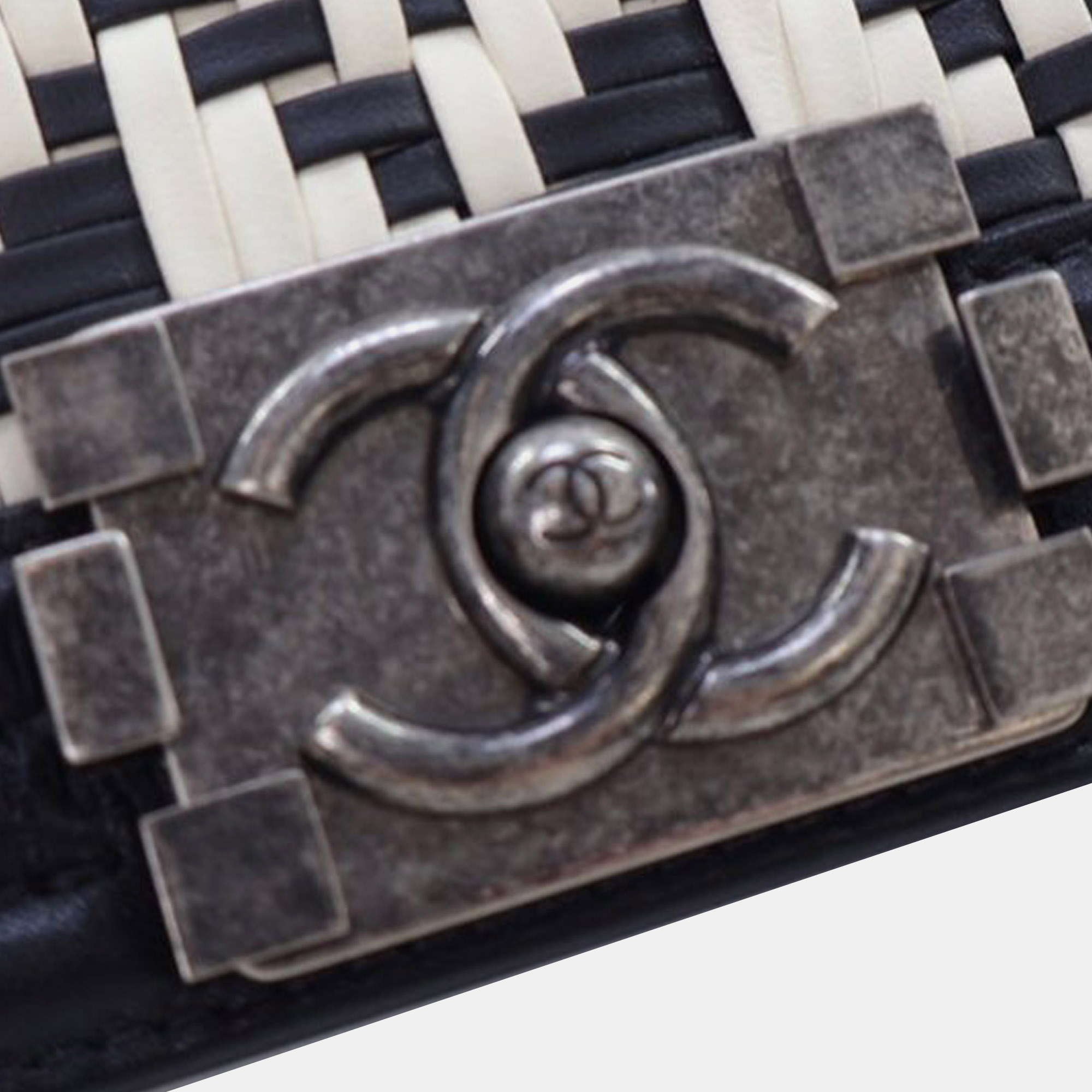 Chanel Black White Medium Bicolor Woven Calfskin Boy Flap Bag 