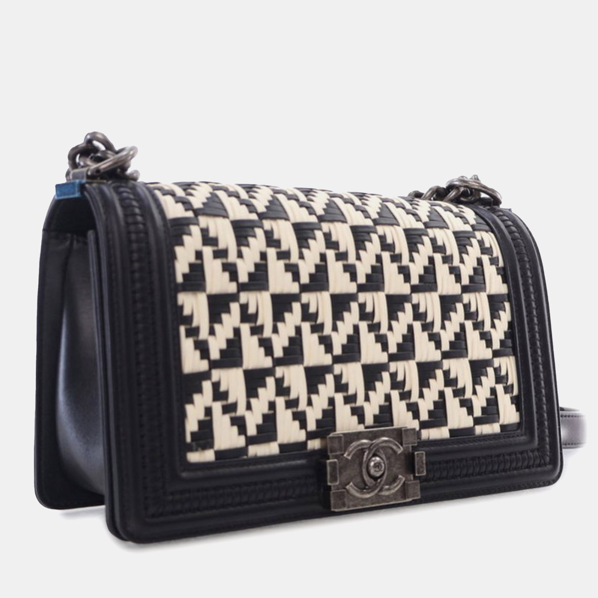 Chanel Black White Medium Bicolor Woven Calfskin Boy Flap Bag 