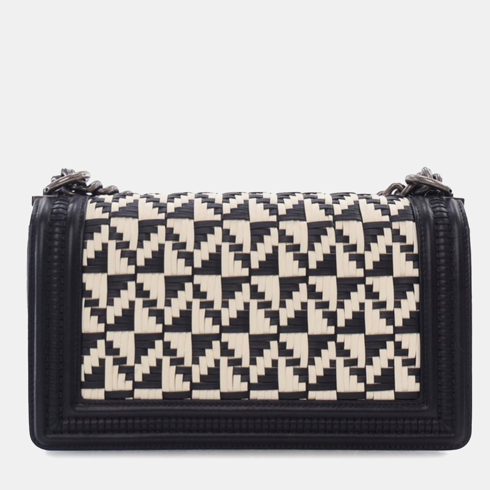 Chanel Black White Medium Bicolor Woven Calfskin Boy Flap Bag 
