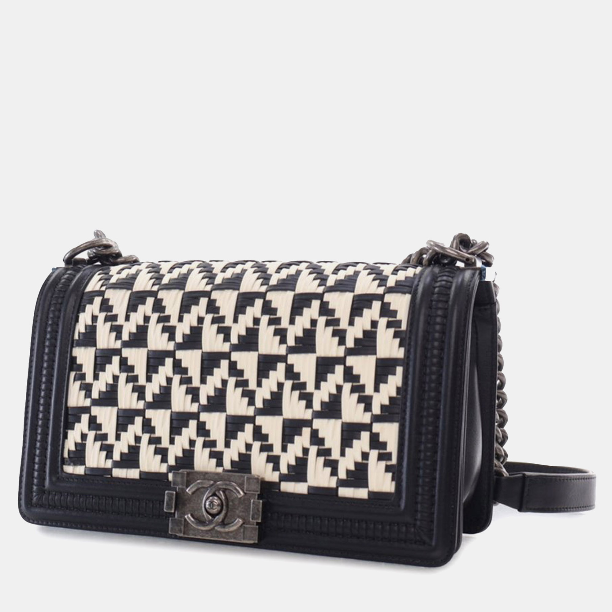 Chanel Black White Medium Bicolor Woven Calfskin Boy Flap Bag 
