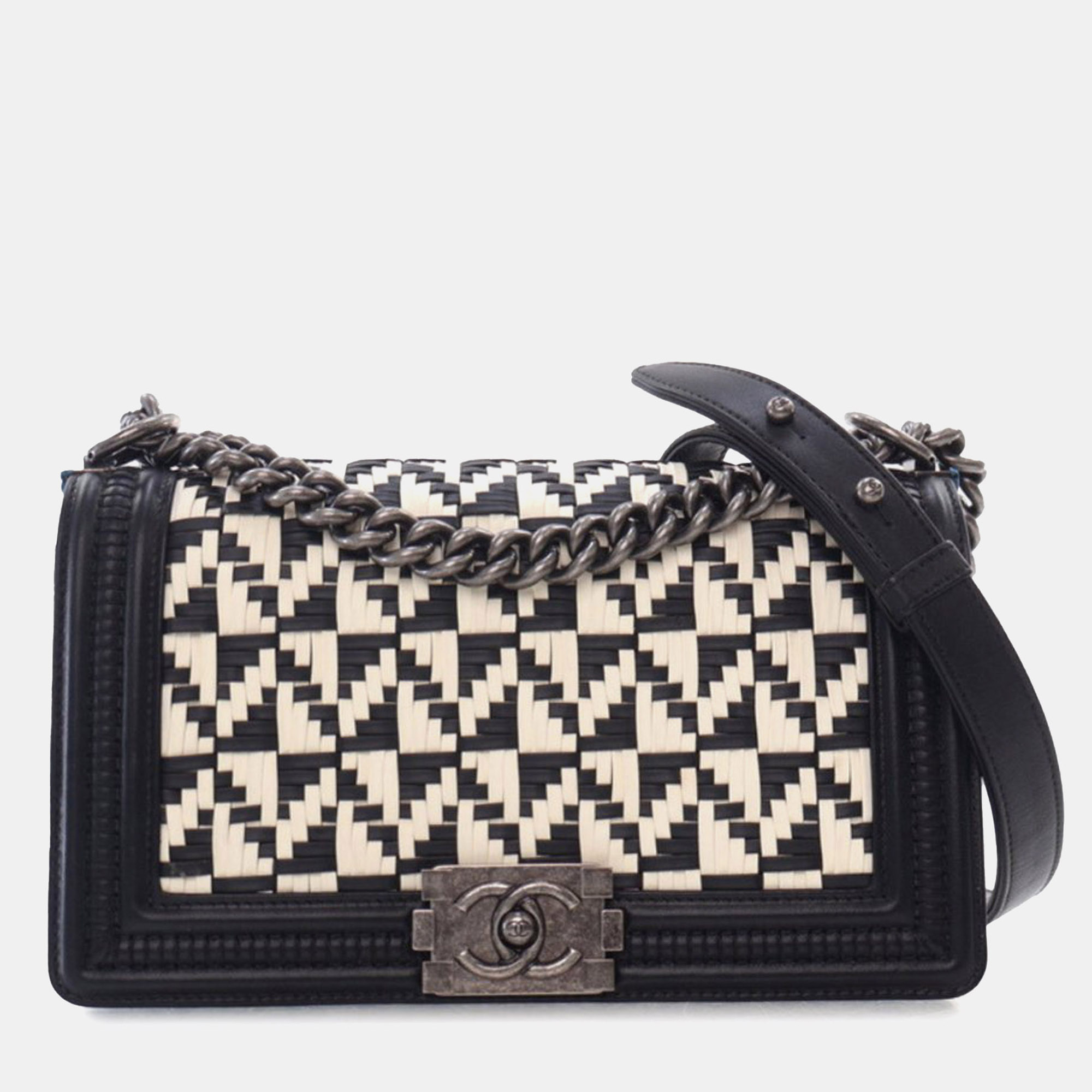 

Chanel Black White Medium Bicolor Woven Calfskin Boy Flap Bag