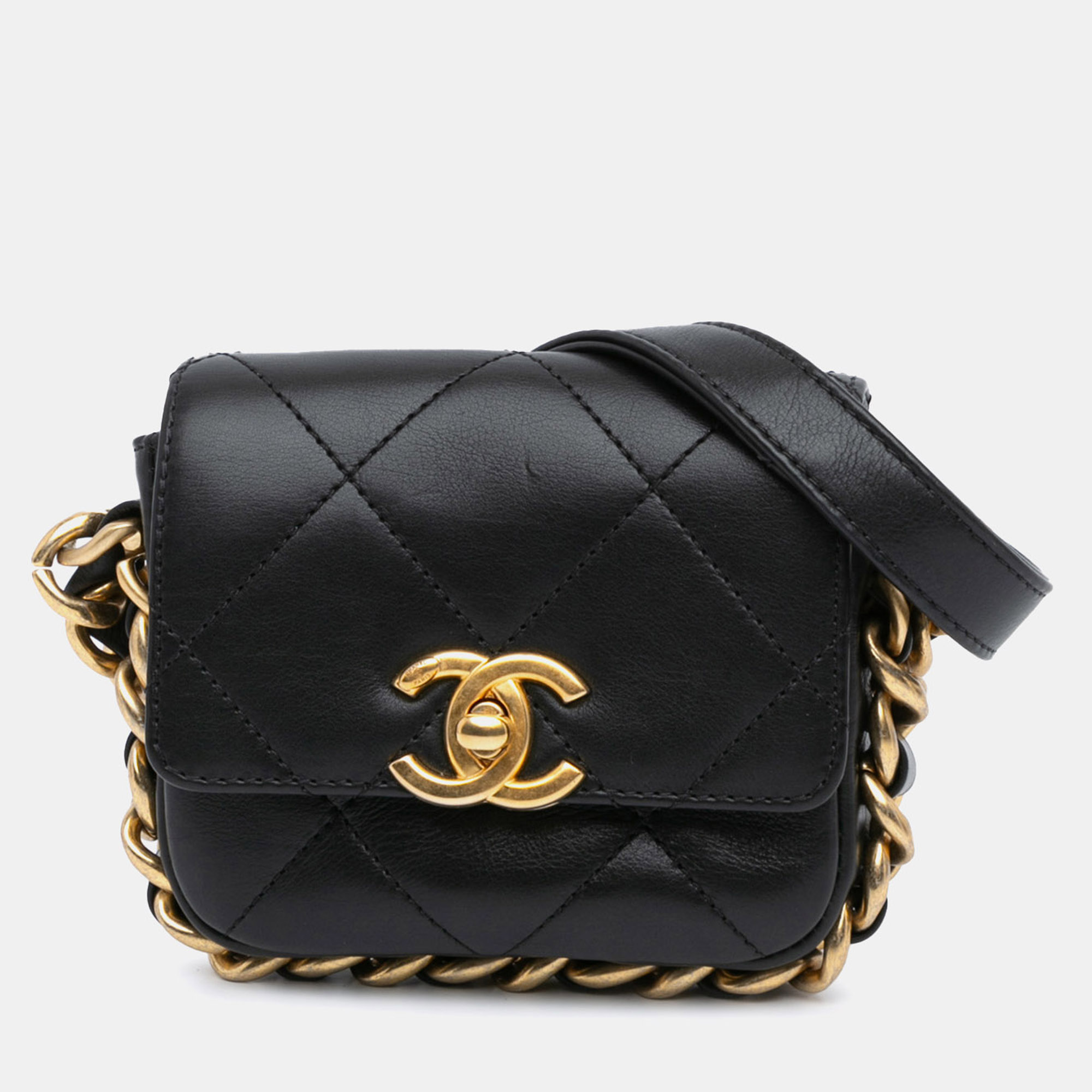 

Chanel Black Leather Mini Quilted Framing Chain Flap Bag