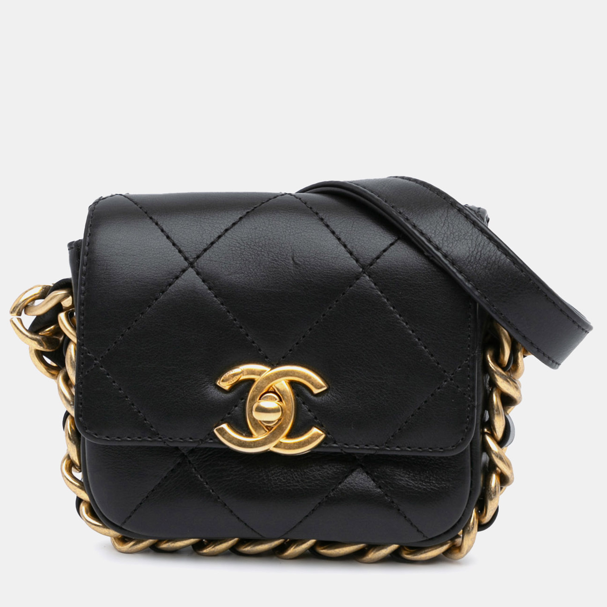 

Chanel Black Leather Mini Quilted Framing Chain Flap Bag