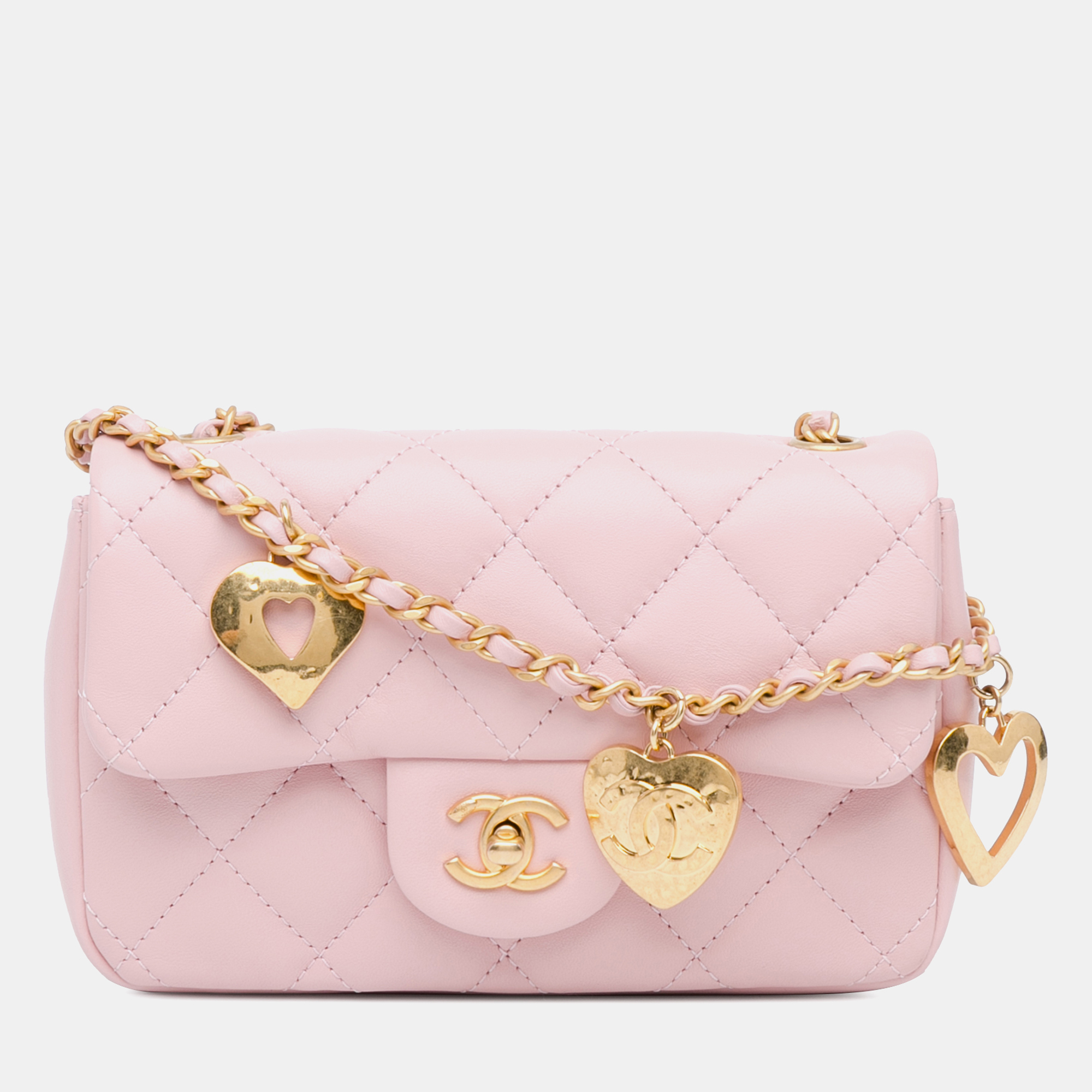 

Chanel Pink Mini Quilted Lambskin Heart Charms Flap Bag