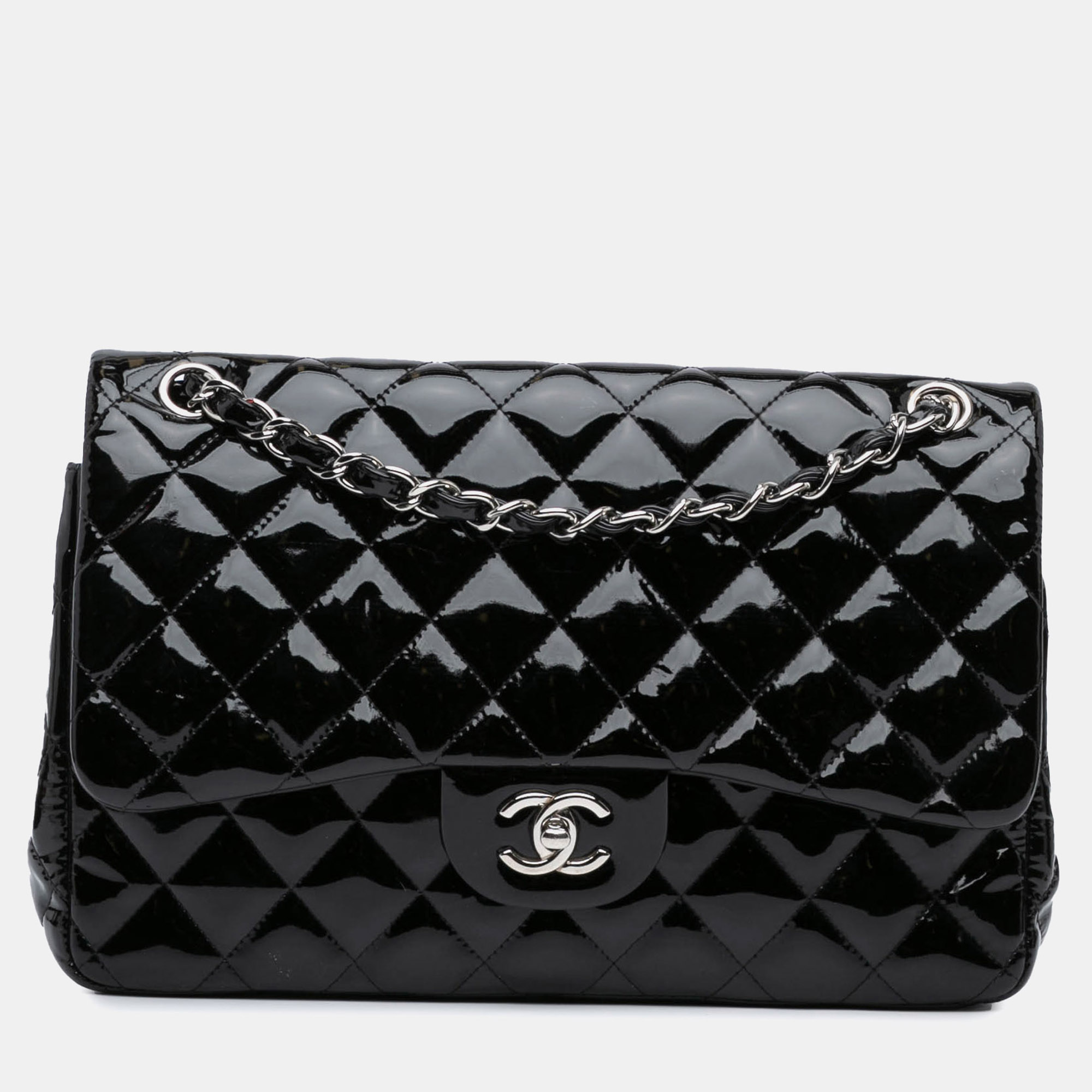 

Chanel Black Jumbo Classic Patent Double Flap Bag