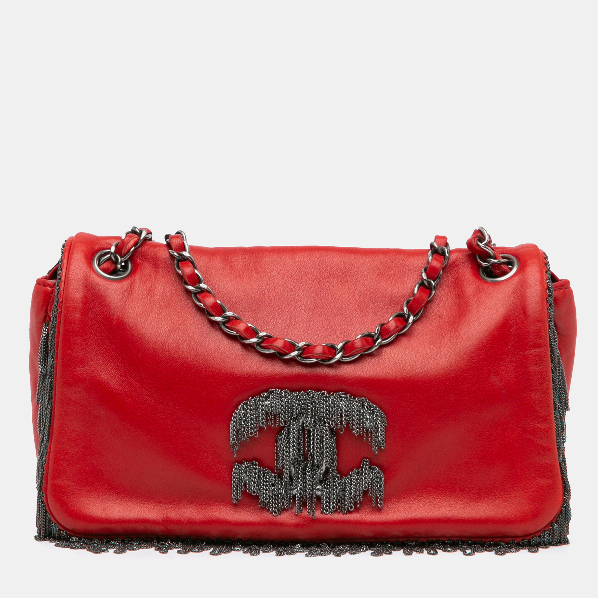 

Chanel Red Small Lambskin Rock and Cabaret Fringe Chain CC Flap Bag