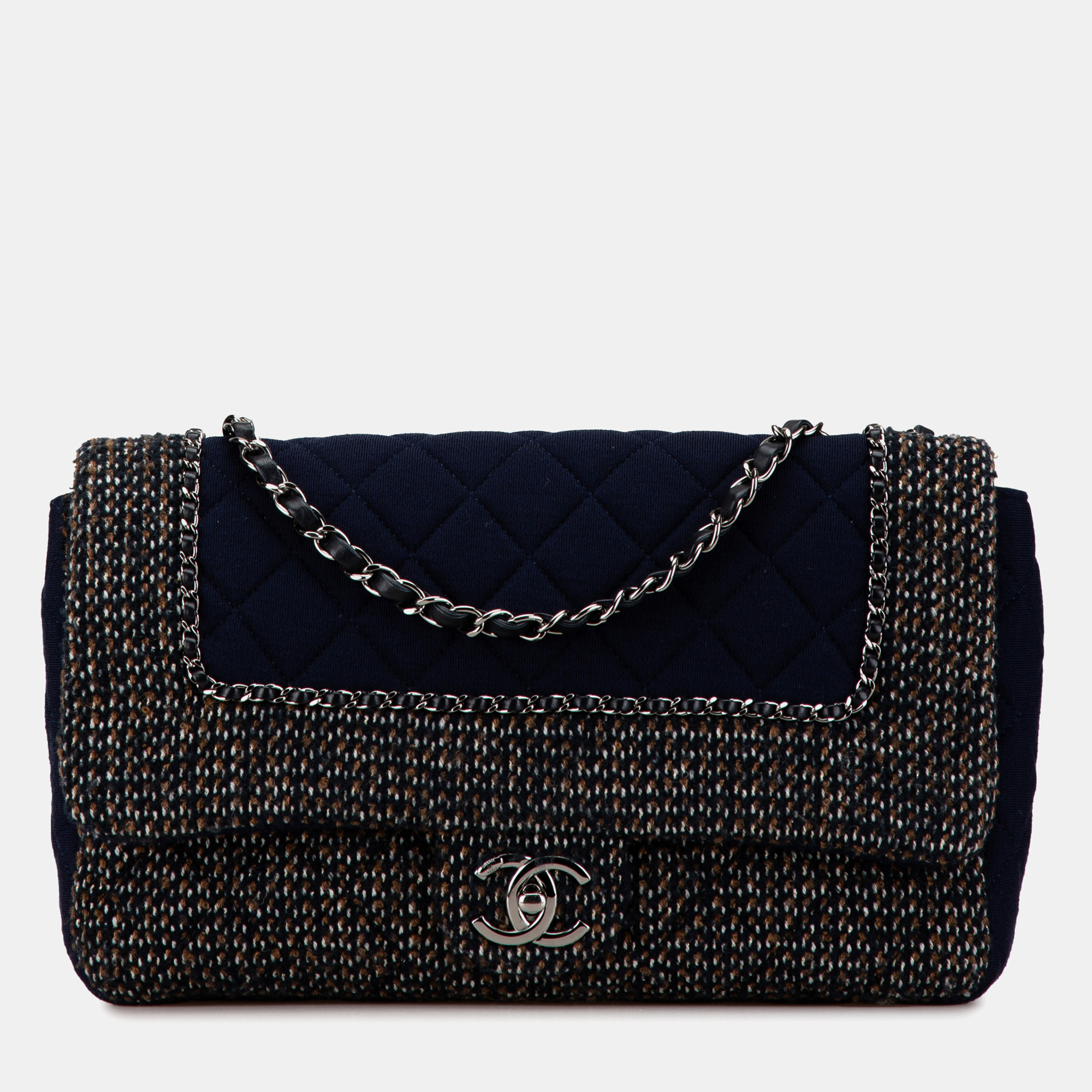 

Chanel Blue Jumbo Quilted Jersey and Tweed Chain Flap Bag