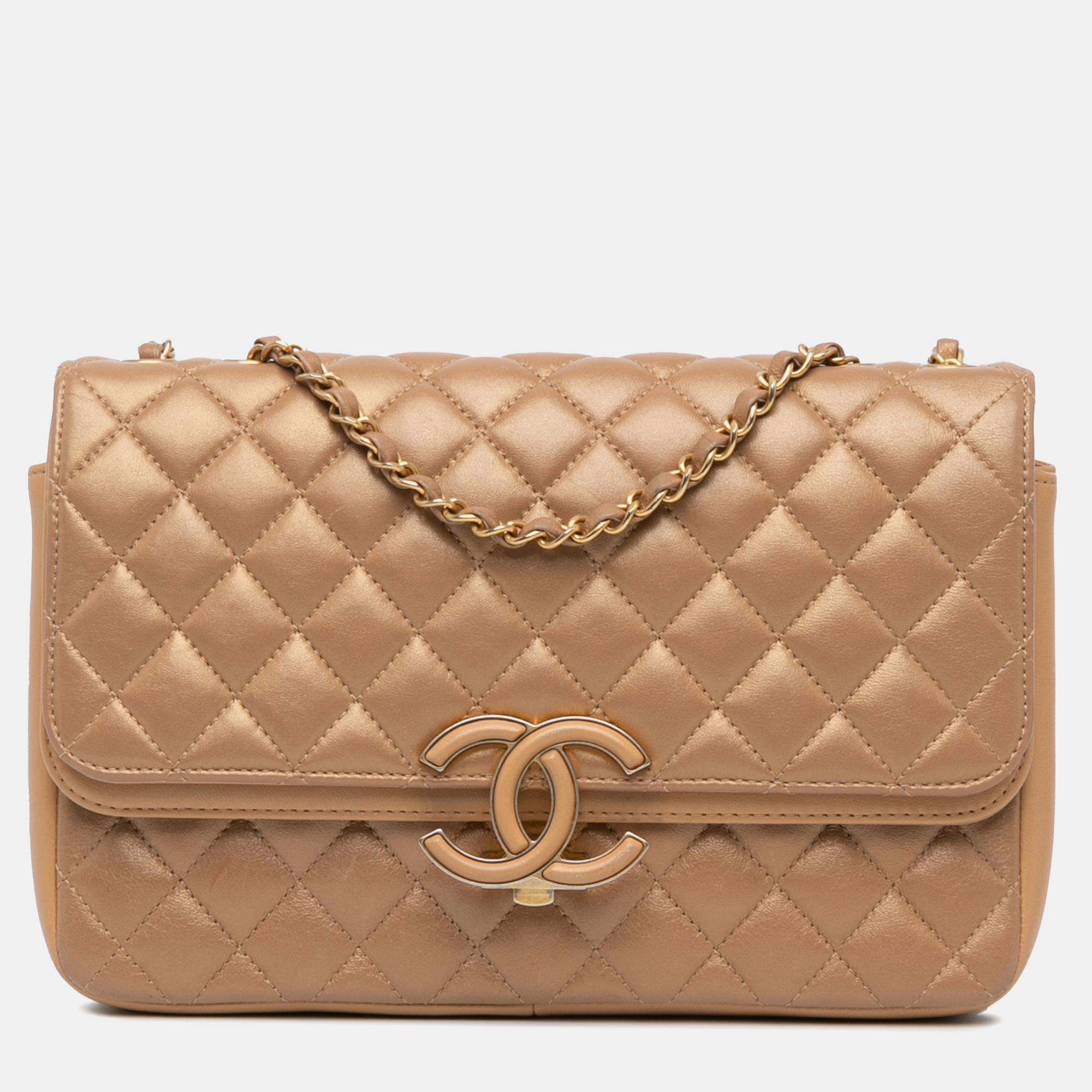 

Chanel Brown Medium Quilted Metallic Lambskin CC Chic Double Flap