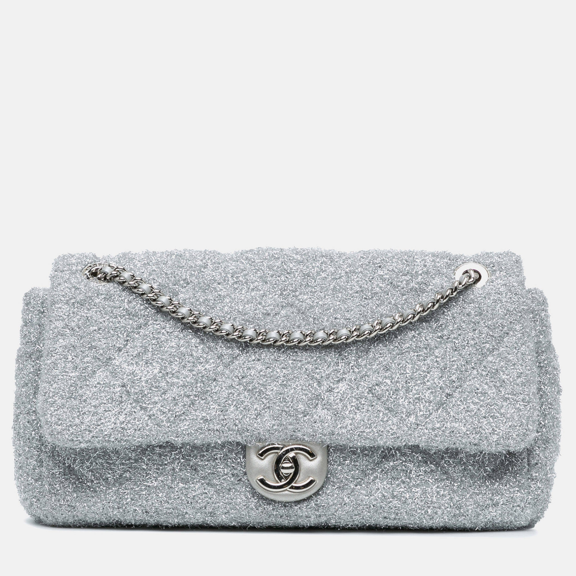 

Chanel Silver Large Quilted Lurex Ground Control Pluto Glitter Flap Bag