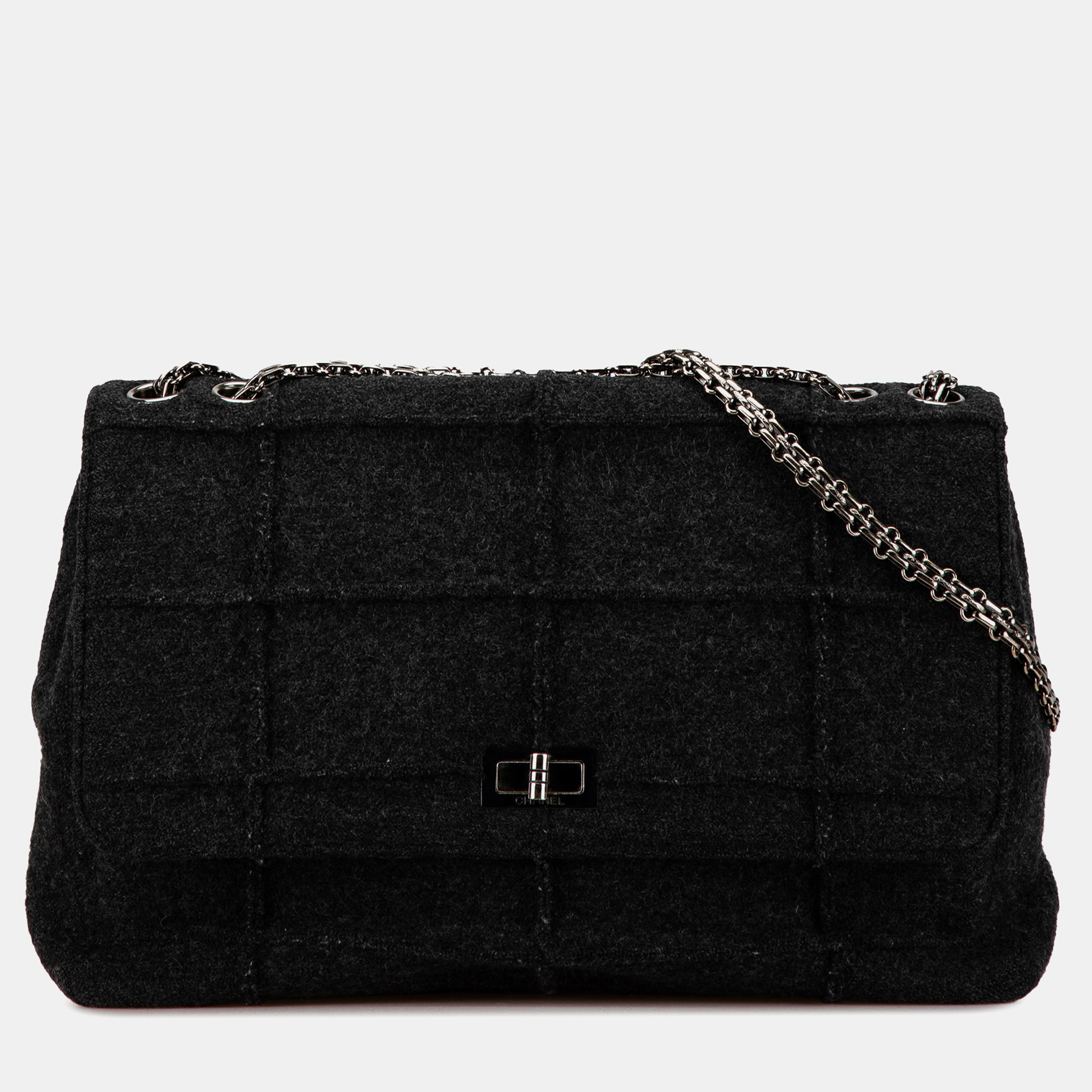 

Chanel Black Jumbo Chocolate Bar Wool Identification Mademoiselle Flap Bag