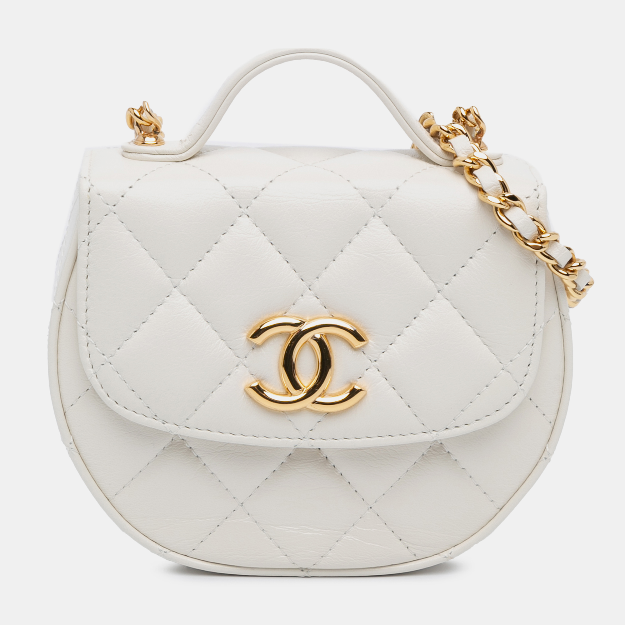 

Chanel White Mini CC Quilted Aged Calfskin Top Handle Clutch with Chain