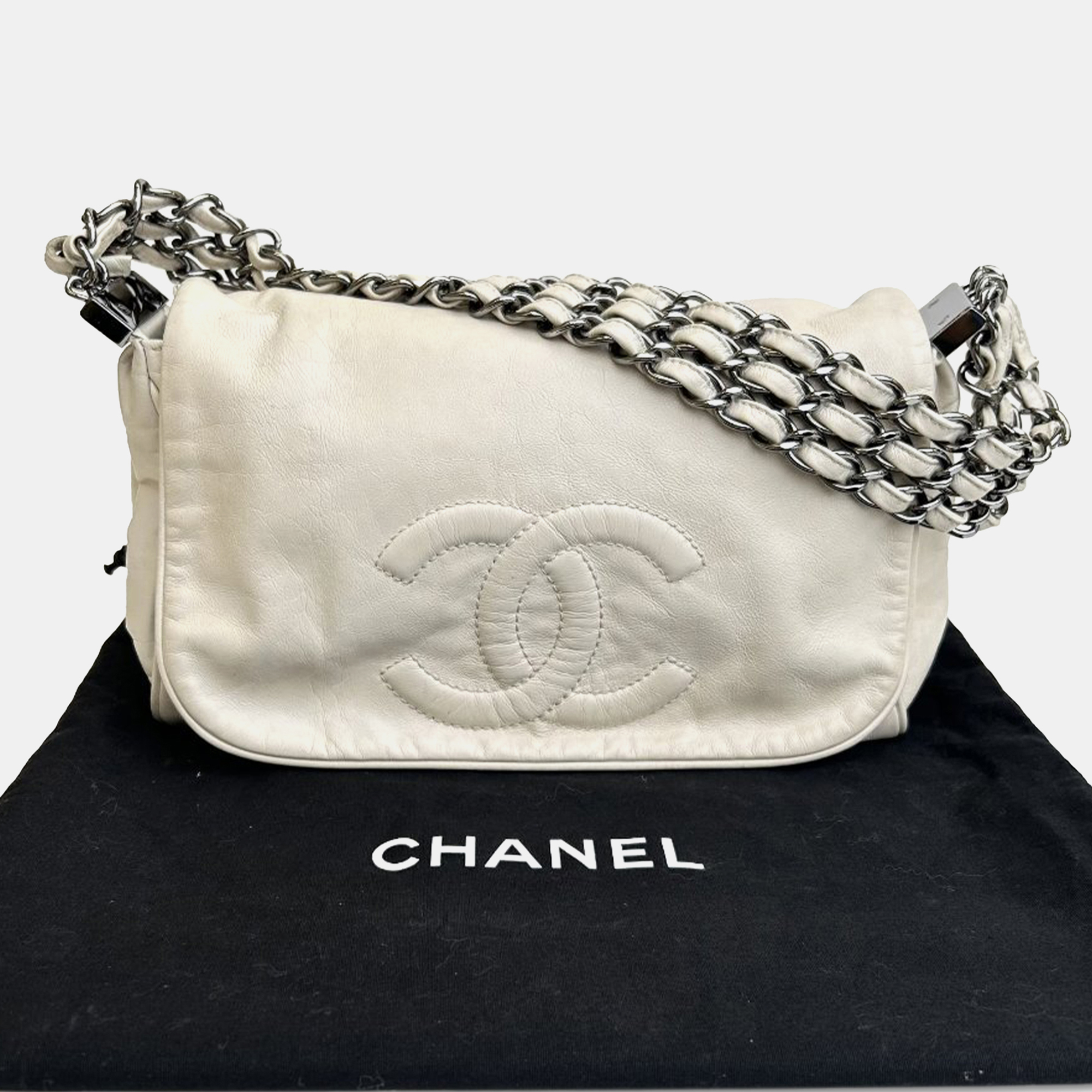 Chanel White CC Calfskin Triple Chain Flap Bag 