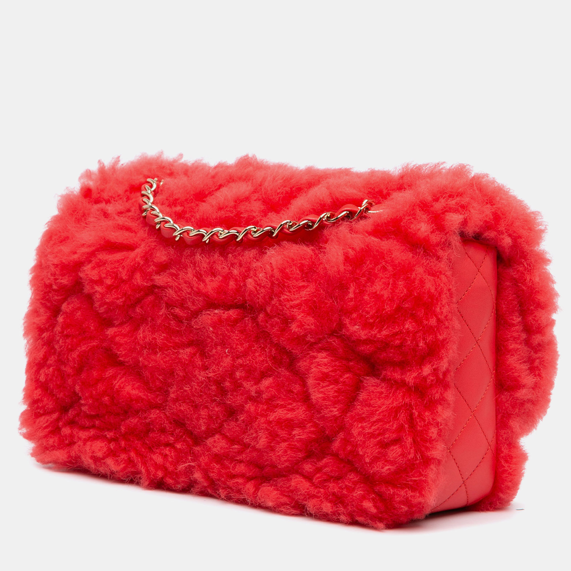 Chanel Red CC Faux Fur and Quilted Lambskin Single Flap Bag 