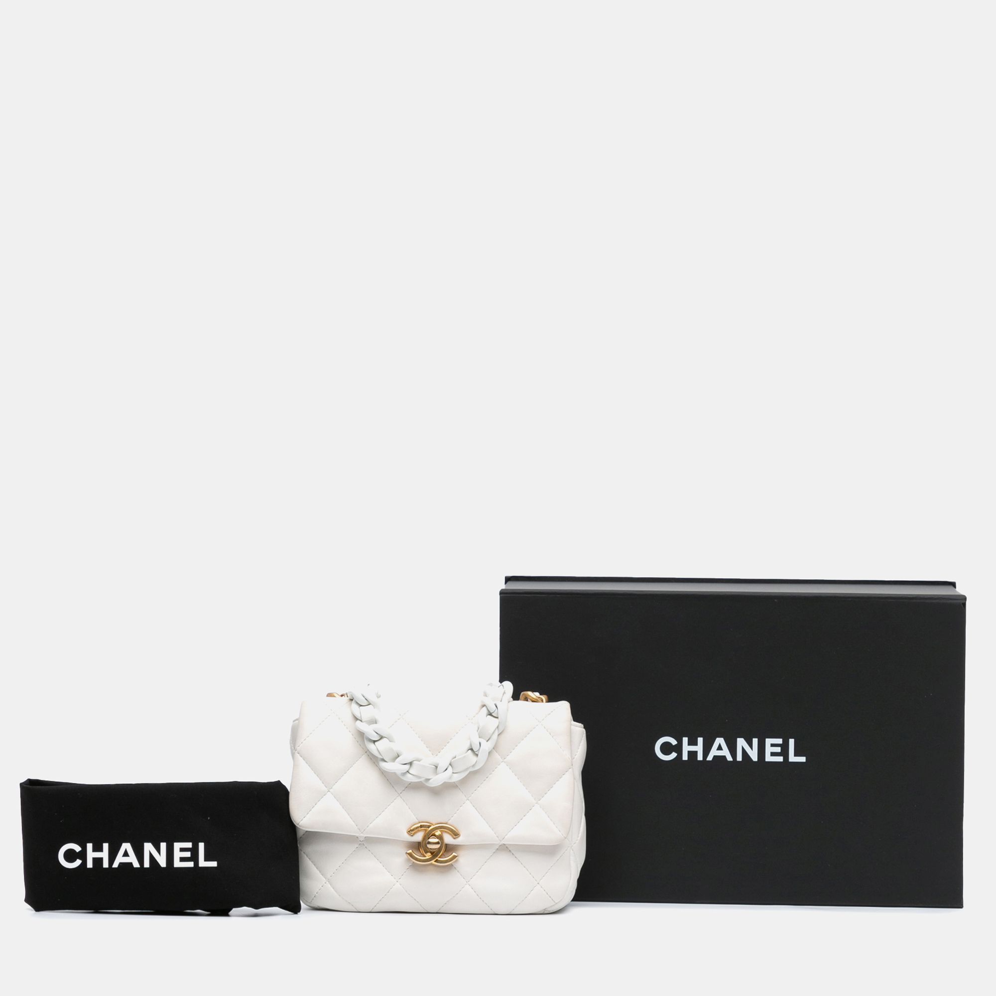 Chanel White Mini Quilted Lambskin Lacquered Chain Flap Bag 
