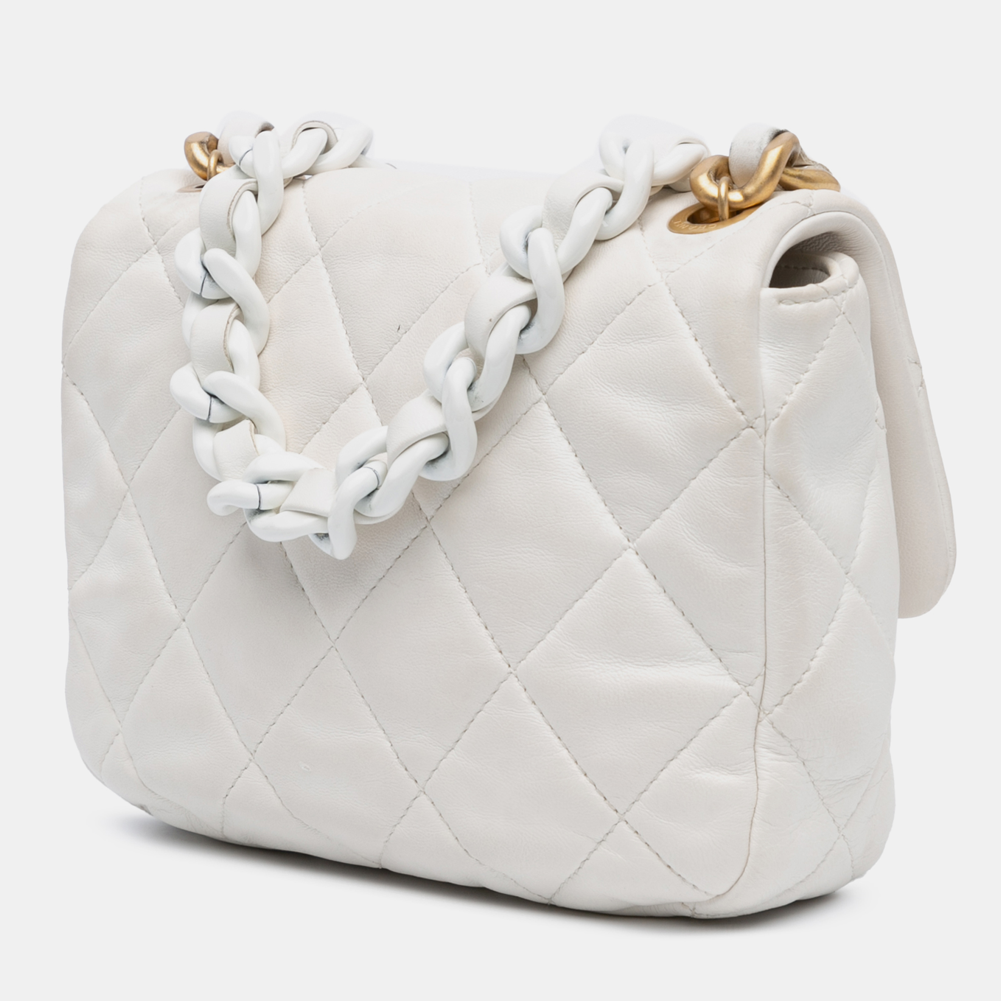 Chanel White Mini Quilted Lambskin Lacquered Chain Flap Bag 