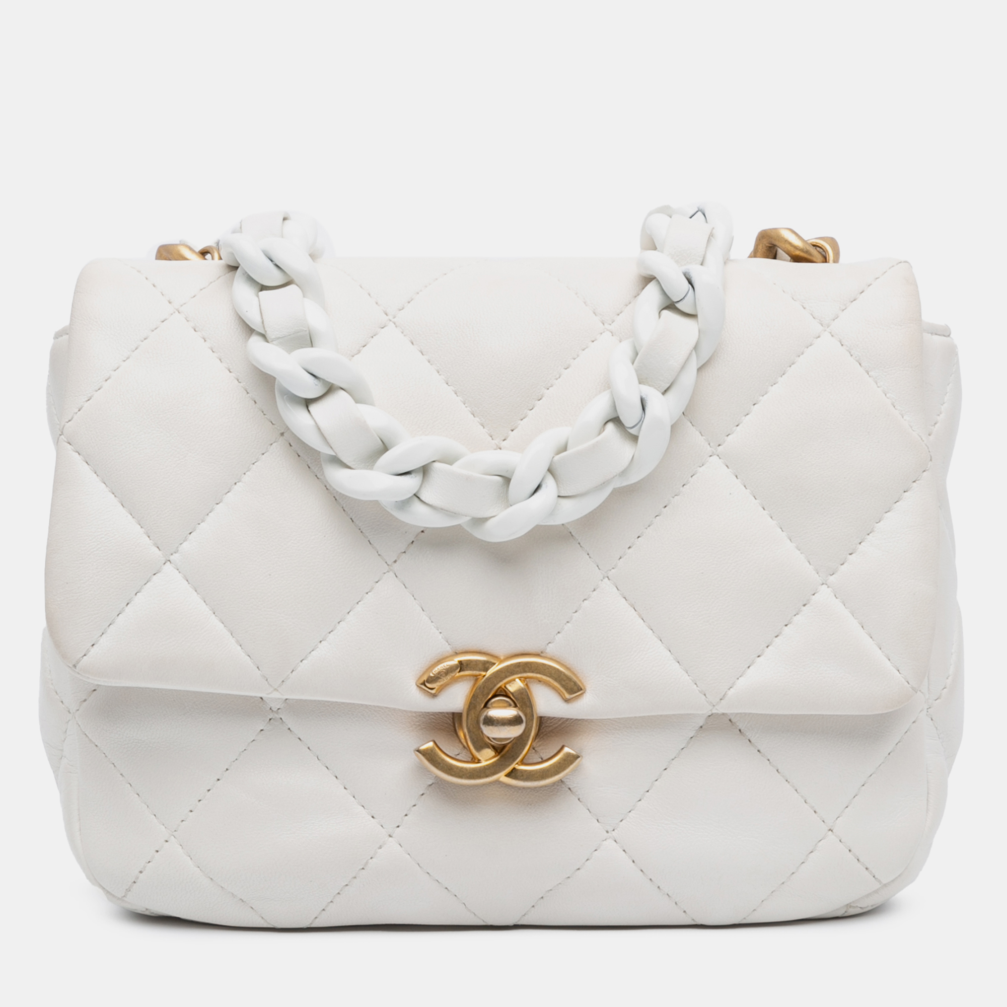 

Chanel White Mini Quilted Lambskin Lacquered Chain Flap Bag