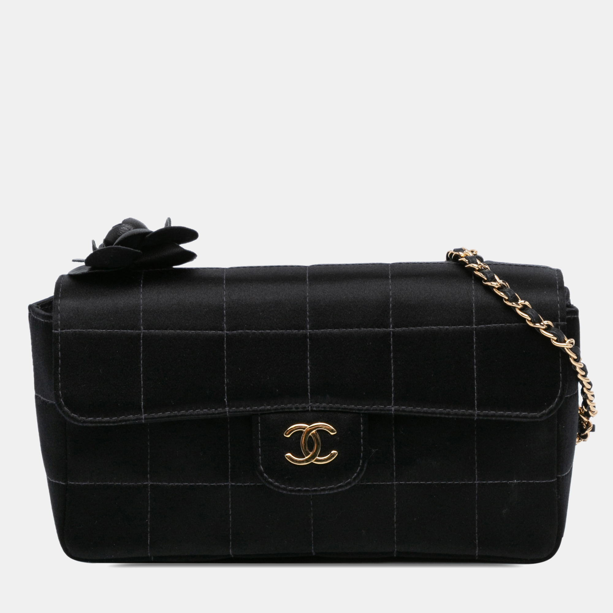 

Chanel Black Mini Choco Bar Quilted Satin Camellia Flap Bag