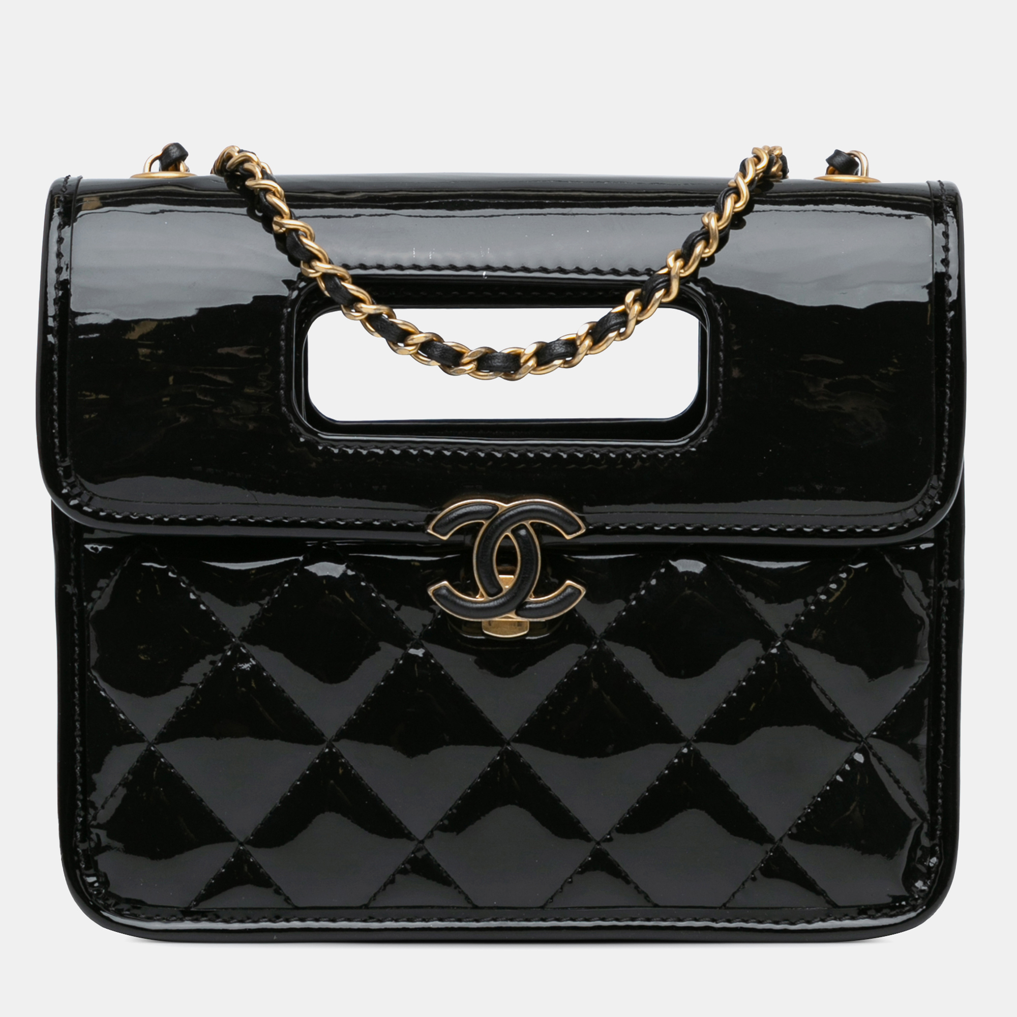 

Chanel Black Mini Quilted Patent Graphic Catch Flap Bag