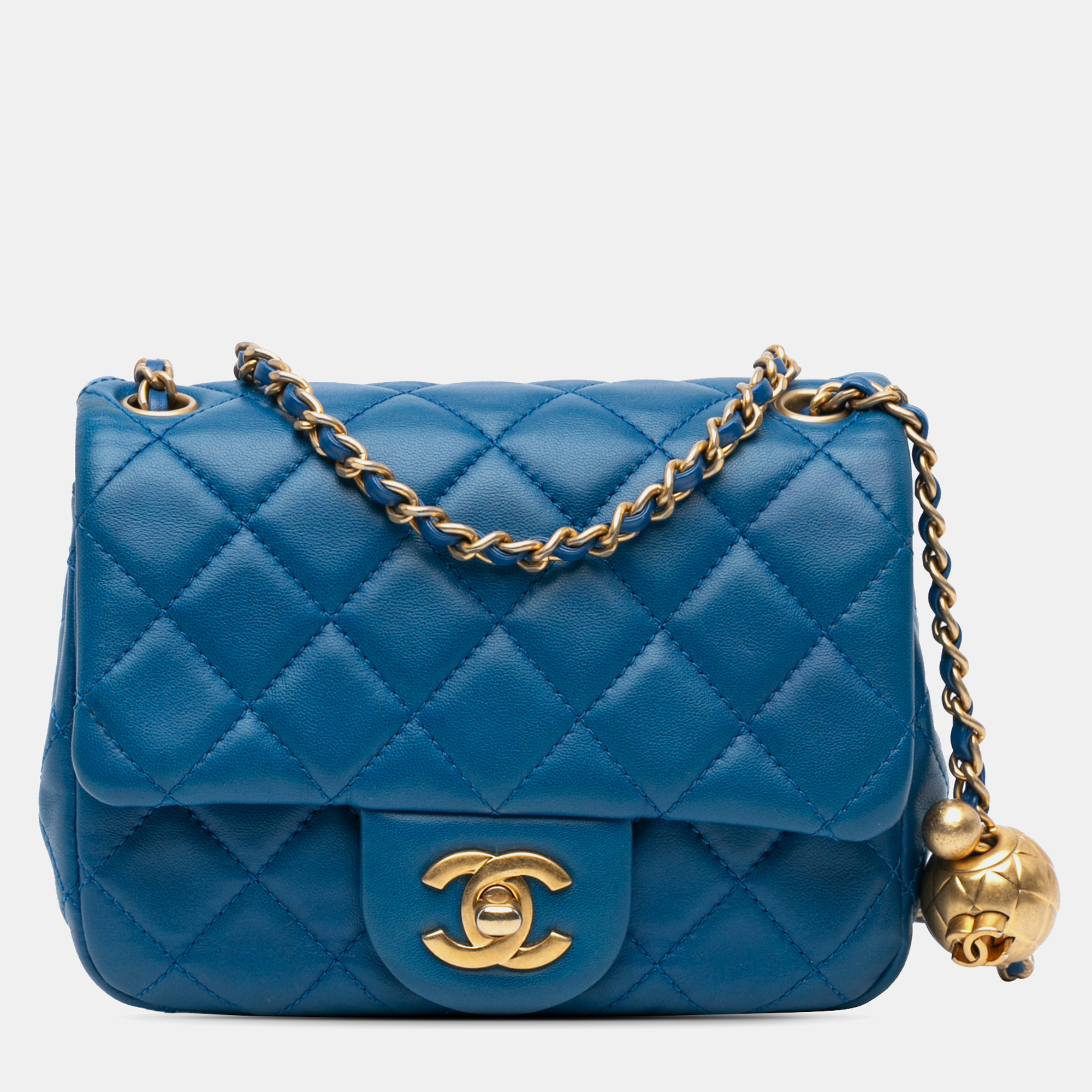 

Chanel Blue Mini Square Classic Lambskin Pearl Crush Single Flap Bag