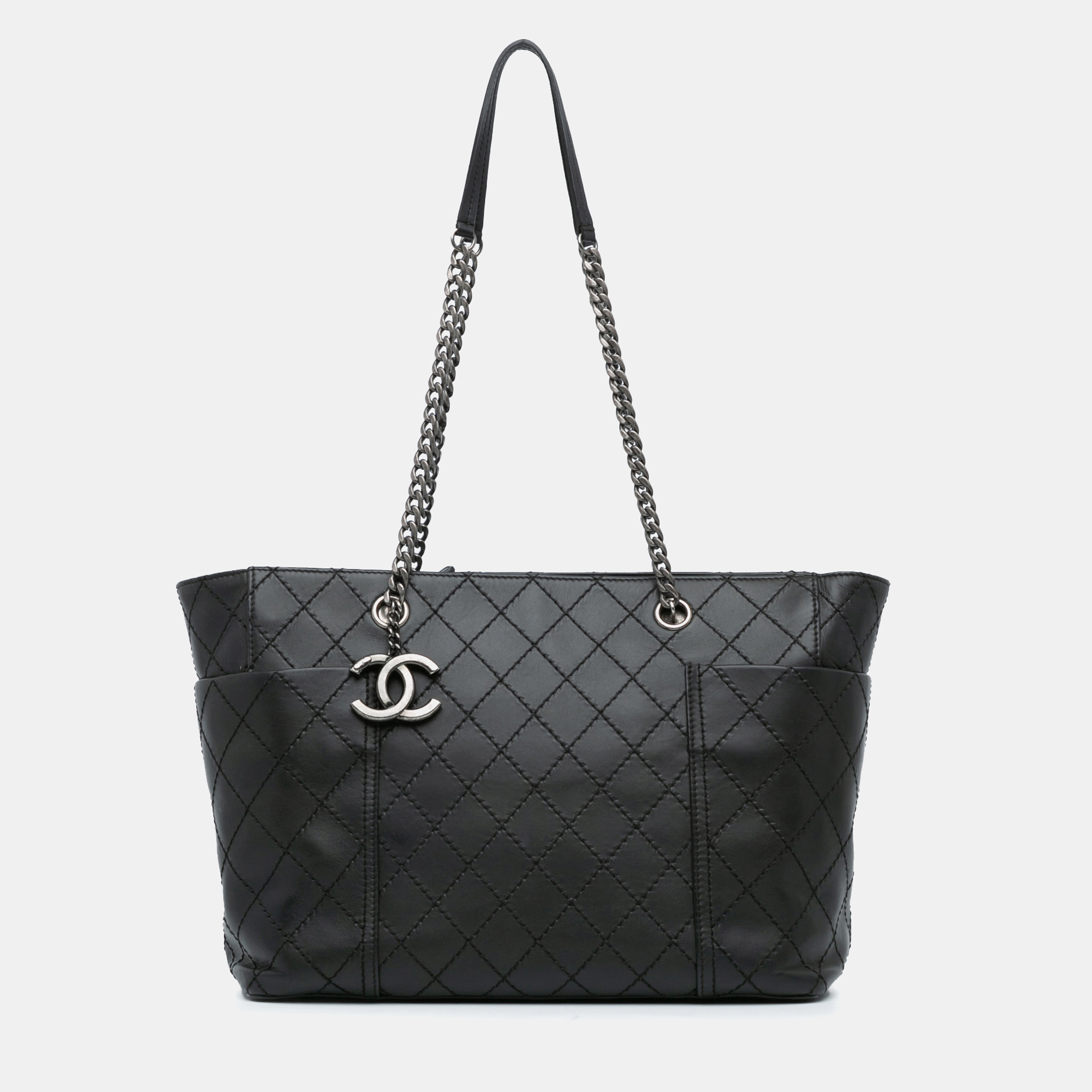 

Chanel Black Medium CC Stitched Calfskin Pocket Zipped Chain Tote