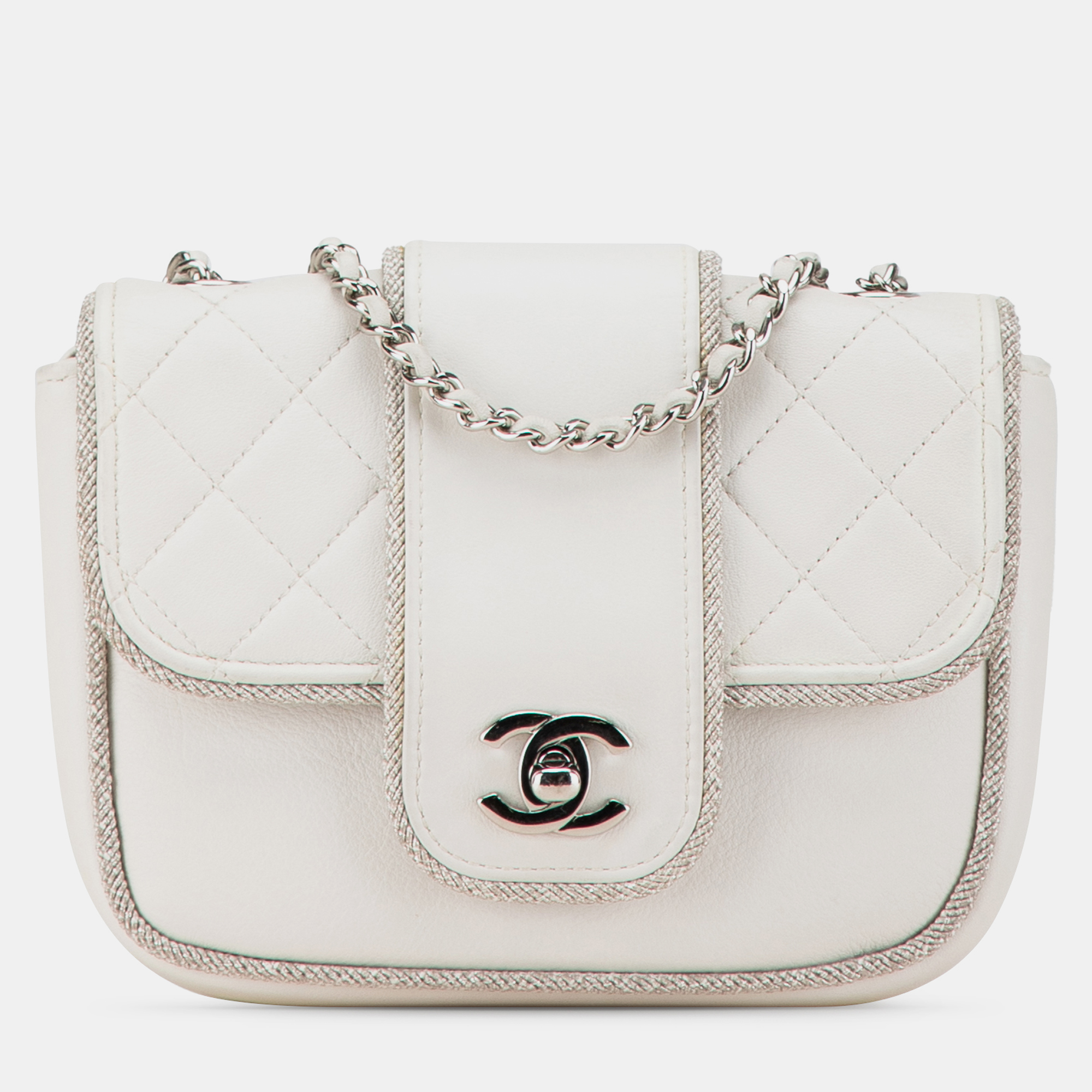 

Chanel Silver Mini Quilted Lambskin Lurex Elementary Chic Flap