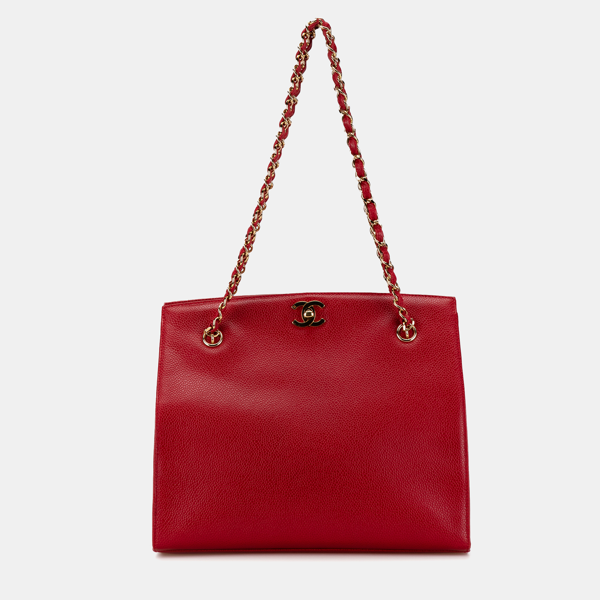 

Chanel Red CC Caviar Turn Lock Chain Tote