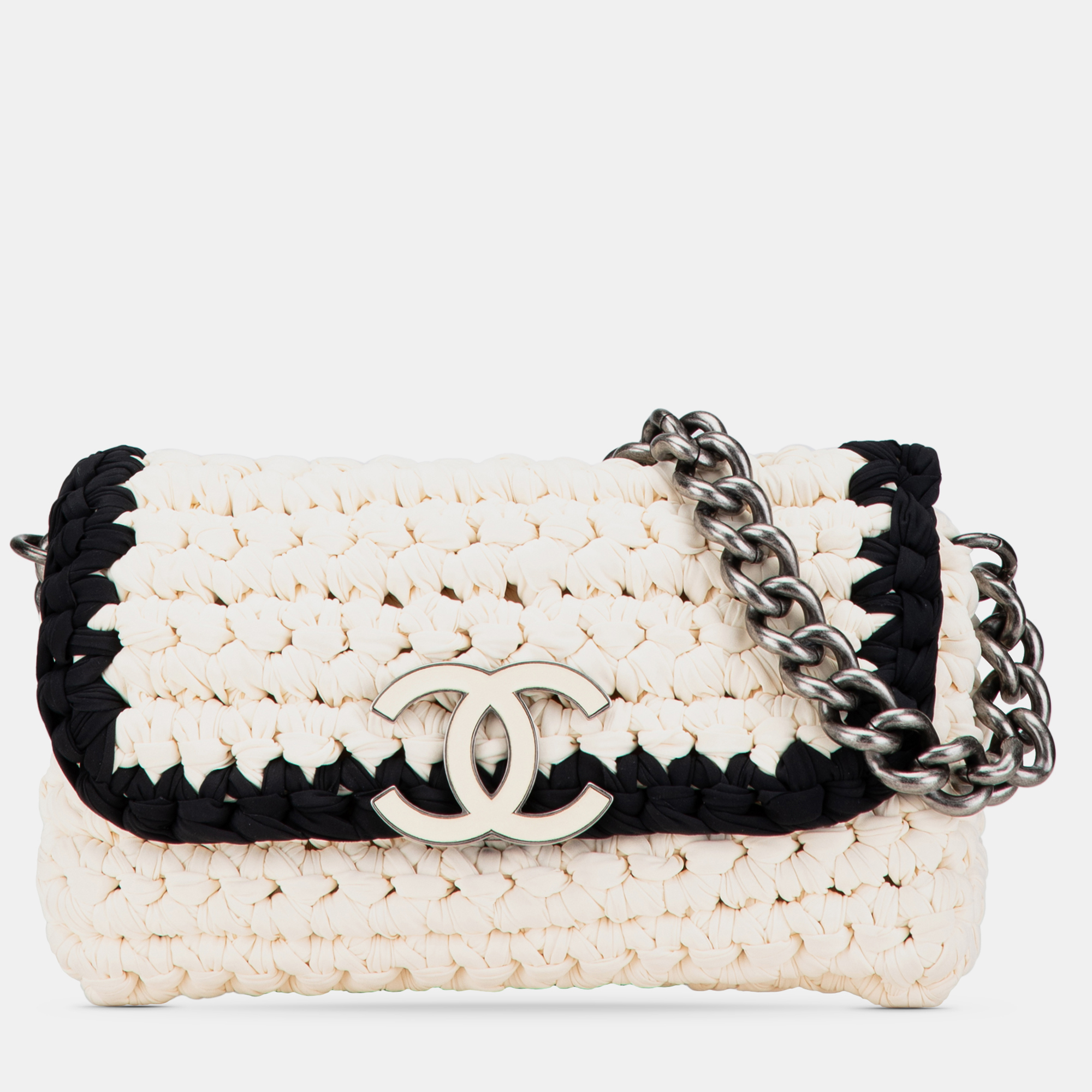 

Chanel Black White Neoprene Fancy Crochet Flap