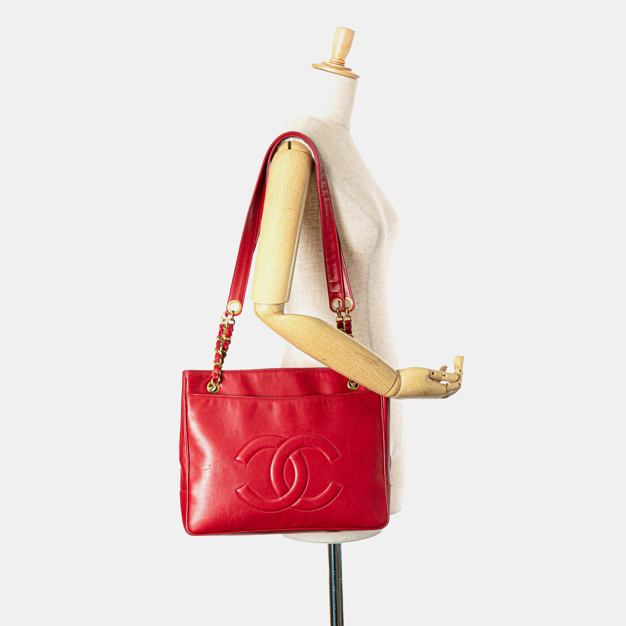 Chanel Red CC Lambskin Chain Tote 