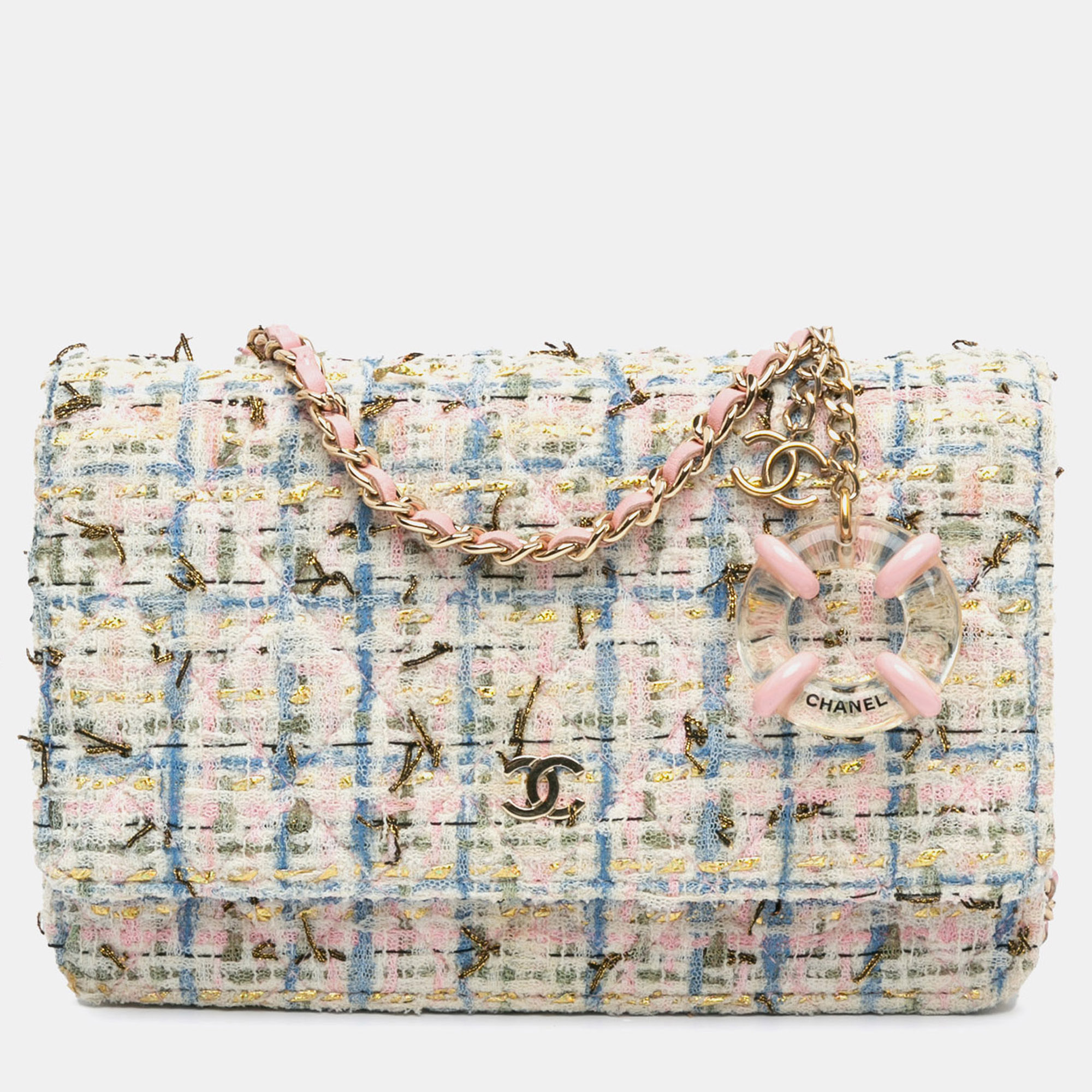 

Chanel Pink White Quilted Boucle Tweed Charm Wallet On Chain