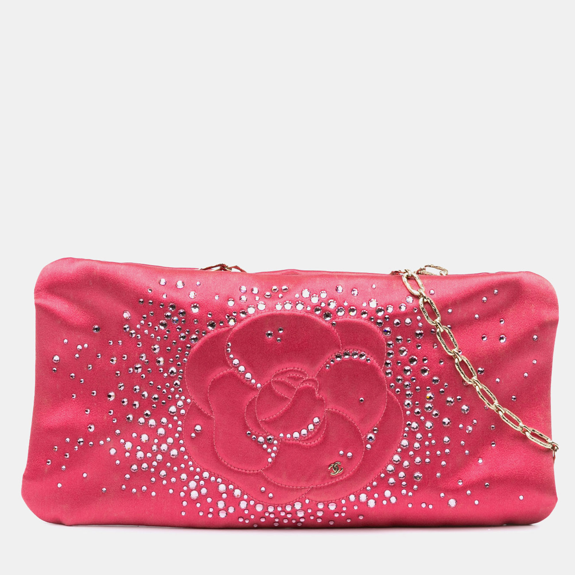 

Chanel Pink Satin Diamante Camellia Clutch with Chain